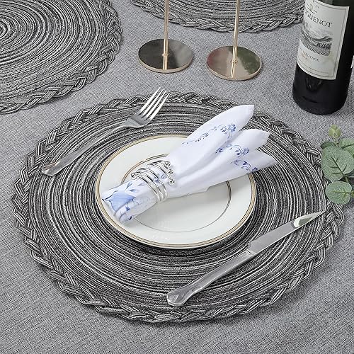 Miniatura 9 de fanquare Manteles individuales redondos trenzados color beige con borde de encaje tejido, mantel individual de estilo granja de 15 pulgadas para