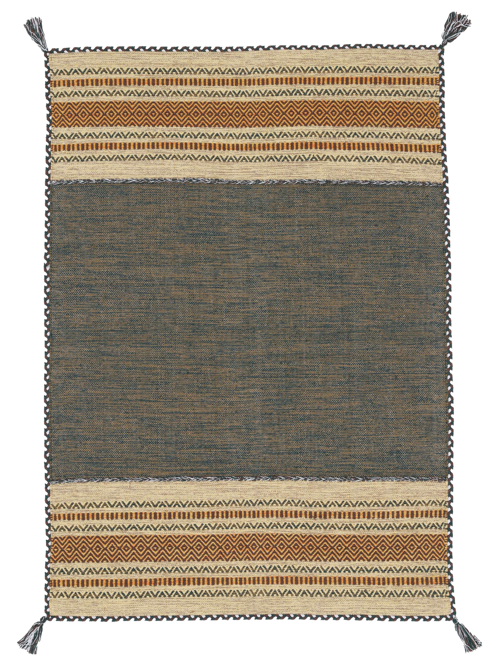 carpetfine Flachgewebeteppich Kelim Azizi Grün 200x290 cm | Moderner Teppich für Wohn- und Schlafzimmer