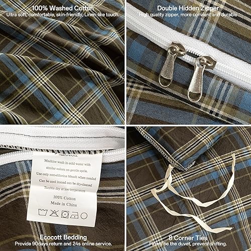 Miniatura 182 de ECOCOTT Funda de edredón tamaño King, juego de ropa de cama de 3 piezas, 100% algodón lavado, suave y transpirable con cierre de cremallera, 8 lazos