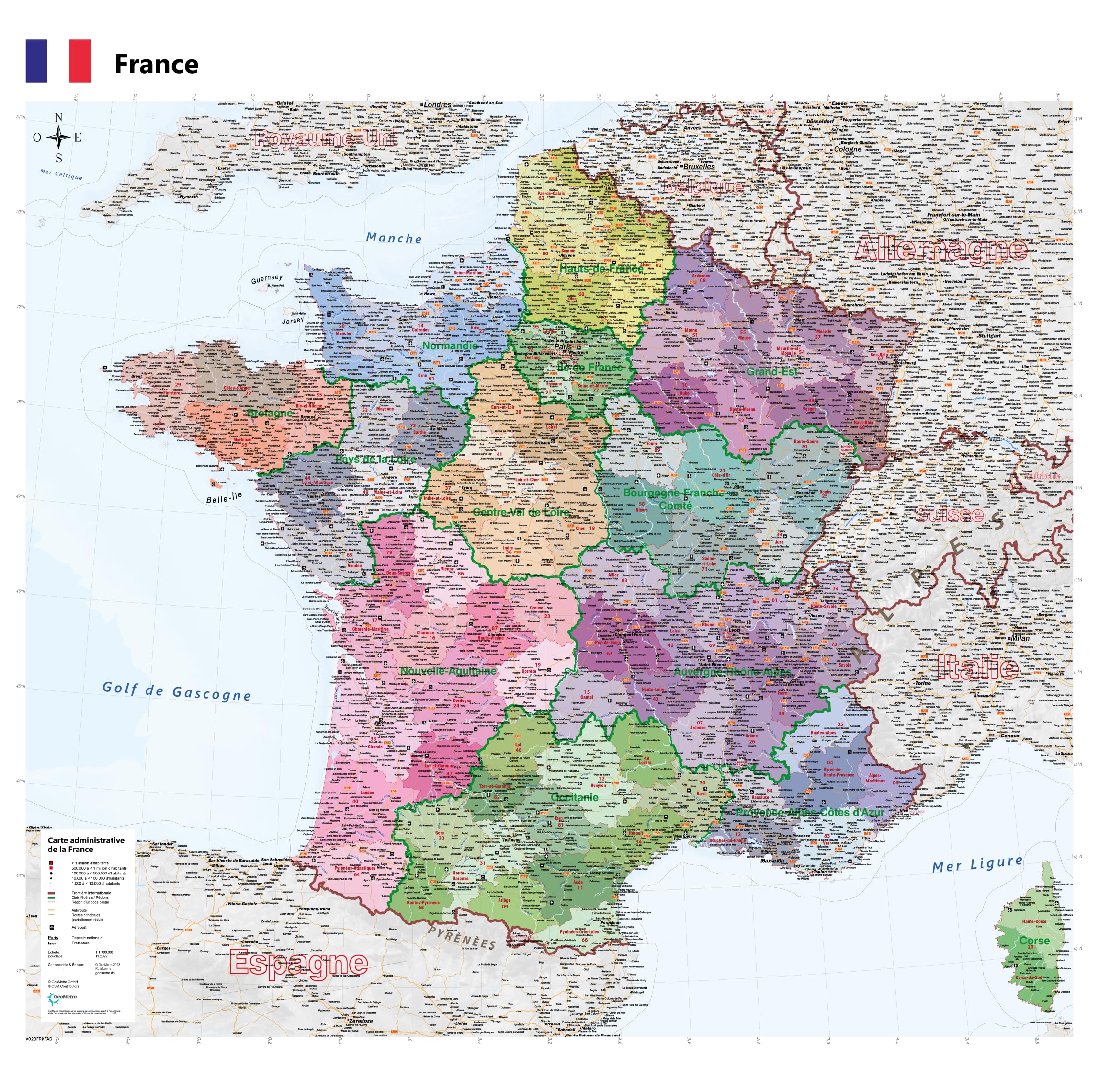 GeoMetro Carte administrative de la France en français de 100 x 100 cm, avec plastification sur les deux faces avec départements avec codes postaux