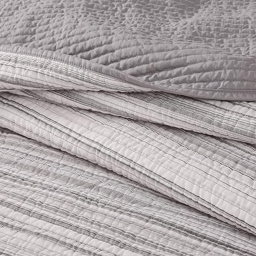 Miniatura 2 de Brooklyn Loom Noah - Juego de edredón de 3 piezas de algodón gris teñido a rayas, para hombres y mujeres, certificado Oeko-TEX