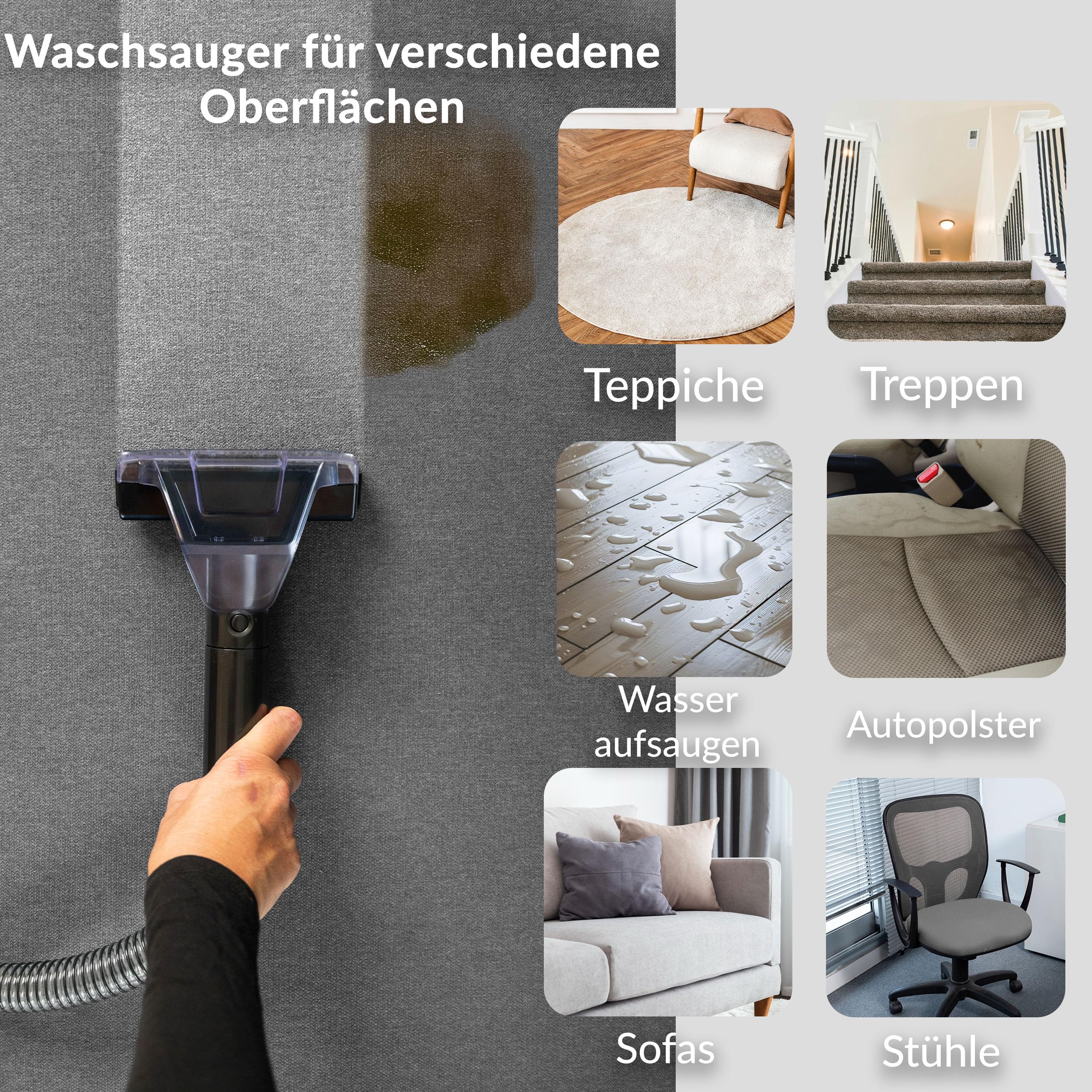 LEHMANN EasyWash Teppichreiniger & Polsterreiniger 2-in-1 Spot Clean Waschsauger, Nass-/Trockensauger 750W, Zwei-Tank-System, Fleckenentferner für Sofa, Teppich & Auto, inkl. Aufsätze