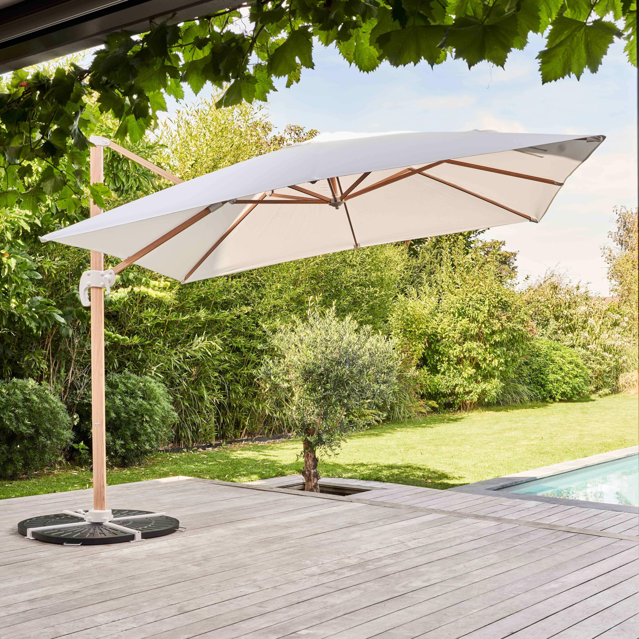 Oviala Parasol déporté 3x3m et 4 Dalles lestées Effet Bois Blanc