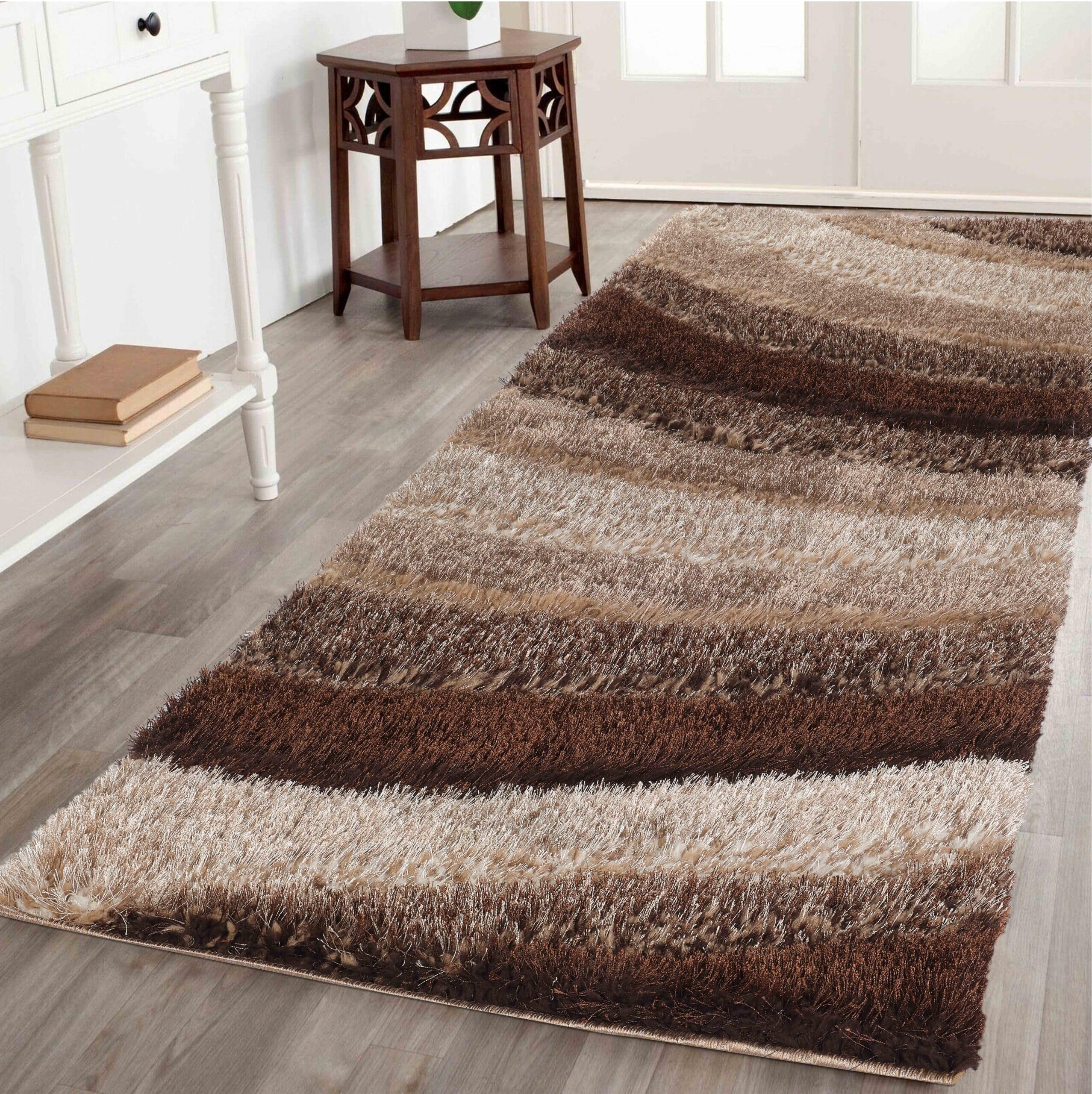 Serdim Rugs Modern Soft Waves Design Hand Carved Shiny Shimmer Living Room Polyester Shaggy Rugs, Bronze, 60x220cm (2" x7'3)