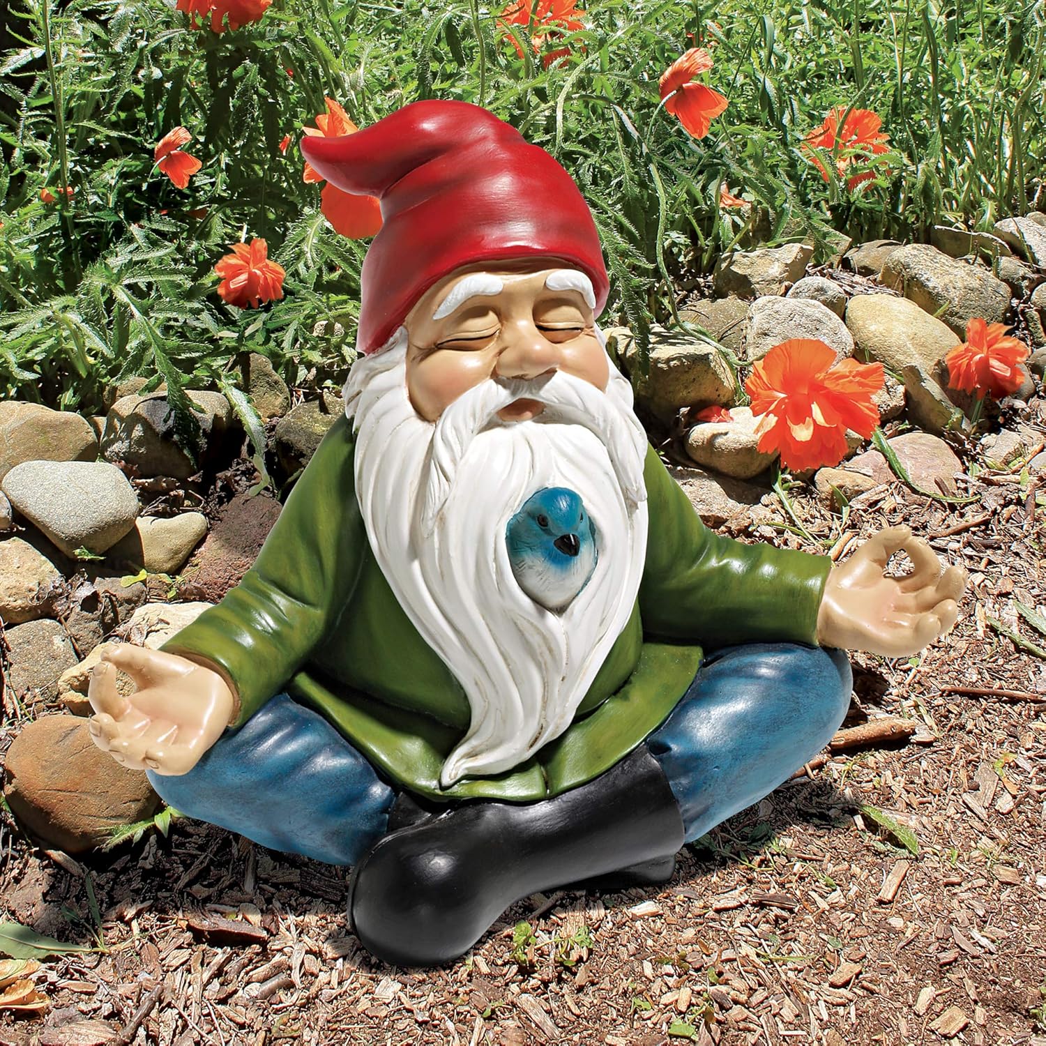 Whimsical Zen Garden Gnome Statue with Bird