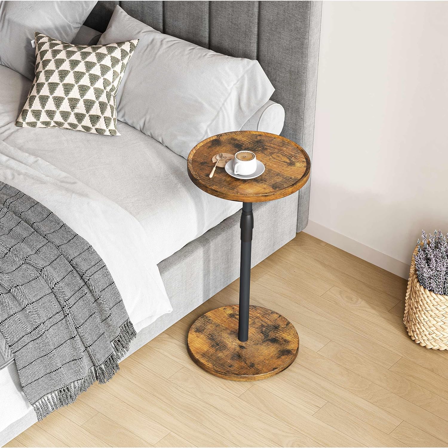 Adjustable End Table, Small Round Side Table, Drink Table for Small Spaces, Pedestal Nightstand for Living Room, Bedroom, Sofa Couch, Rustic Brown ET-010RB