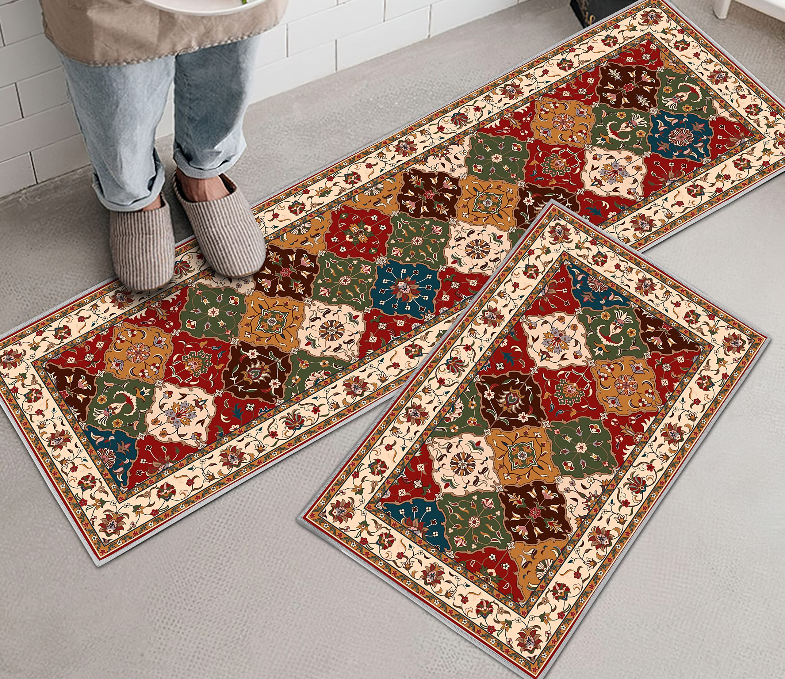 2 Pièces Tapis De Cuisine Antidérapant Lavable - Tapis Paillasson Imprimé Devant Évier 43x150cm + 43x75cm (B6)