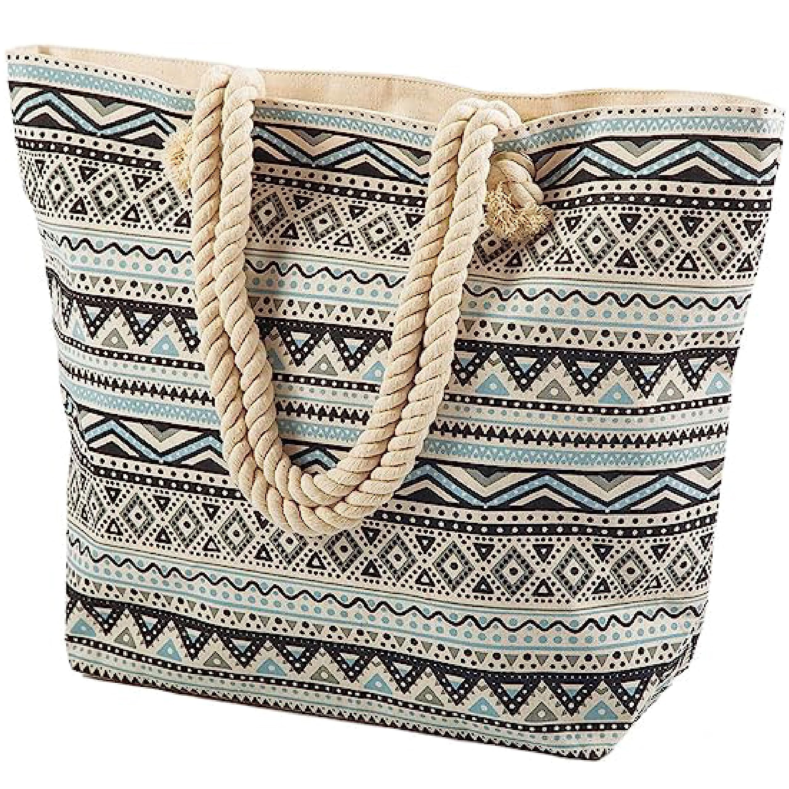Beach Bag - Large Carry Bag with Zip and Aztec Pattern - Women's Beach Bag - Large Beach Bag with Zip - Swimming Bag Women