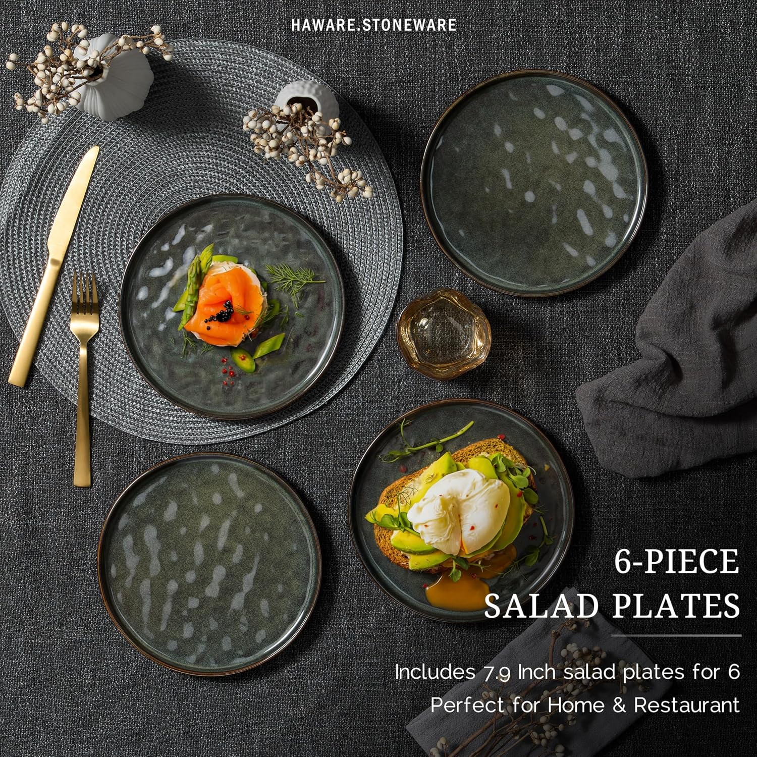 HaWare Stoneware Plates Set of 6, 7.9" Salad Plates, Reactive Glaze Ripple Ceramic Dish Set for Appetizer, Scratch Resistant, Small Dinner Plate, Microwave and Dishwasher Safe, Reactive Moss Green