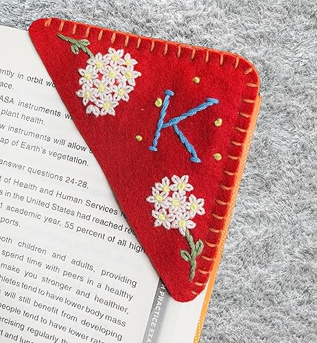 Marcapáginas de esquina bordado a mano, bonito marcador de libro de flores, regalo de puntada a mano para mujeres amantes de los libros (K, rojo)
