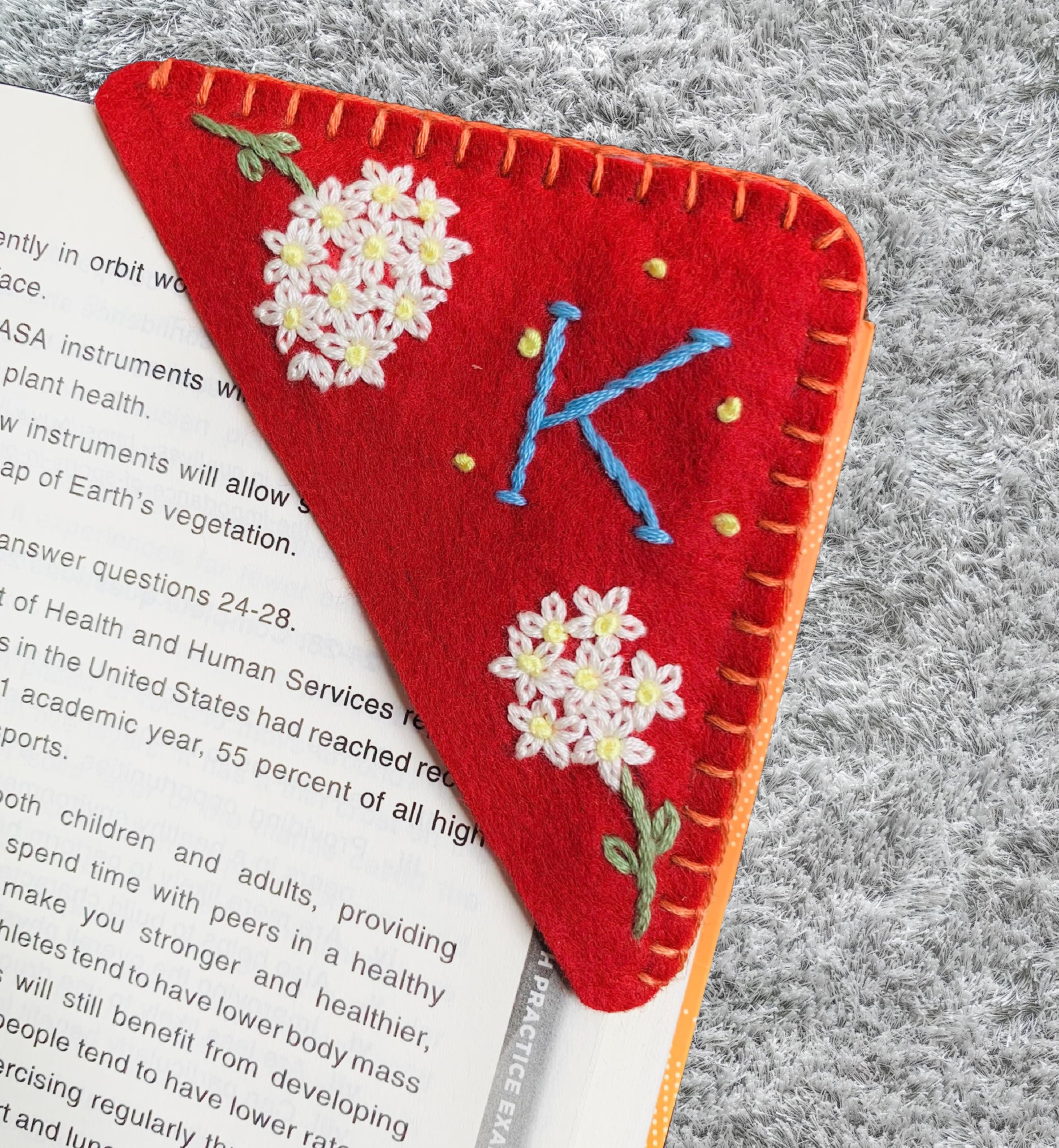 Personalized Hand Embroidered Corner Bookmark, Cute Flower Book Mark, Hand Stitch Gift for Women Book Lovers by HNQCPCVU (K, RED)