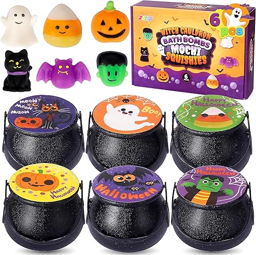 JOYIN Bomba de baño con temática de caldero de bruja de Halloween con juguete esponjoso Mochi, 6 paquetes de bombas de baño de burbujas para niños