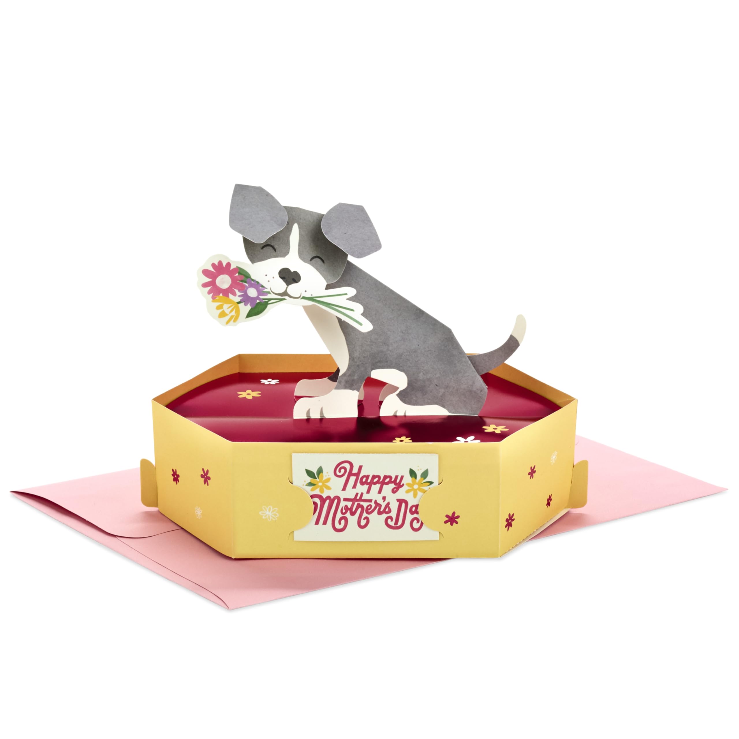 Hallmark Mothers Day Card for Mum 3D, Pop Up, Cute Dog & Flowers, Grey, Yellow, Red, Grey, Red & Yellow, H13.5cm by W17.7cm by D11cm - Image 2