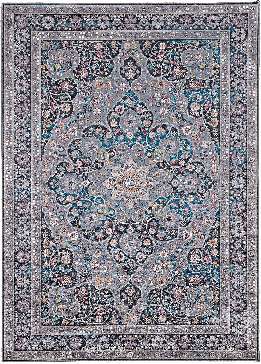 Linon Home Decor Products Honora Norris Grey/Teal 5' x 7' Flat No Pile Area Rug