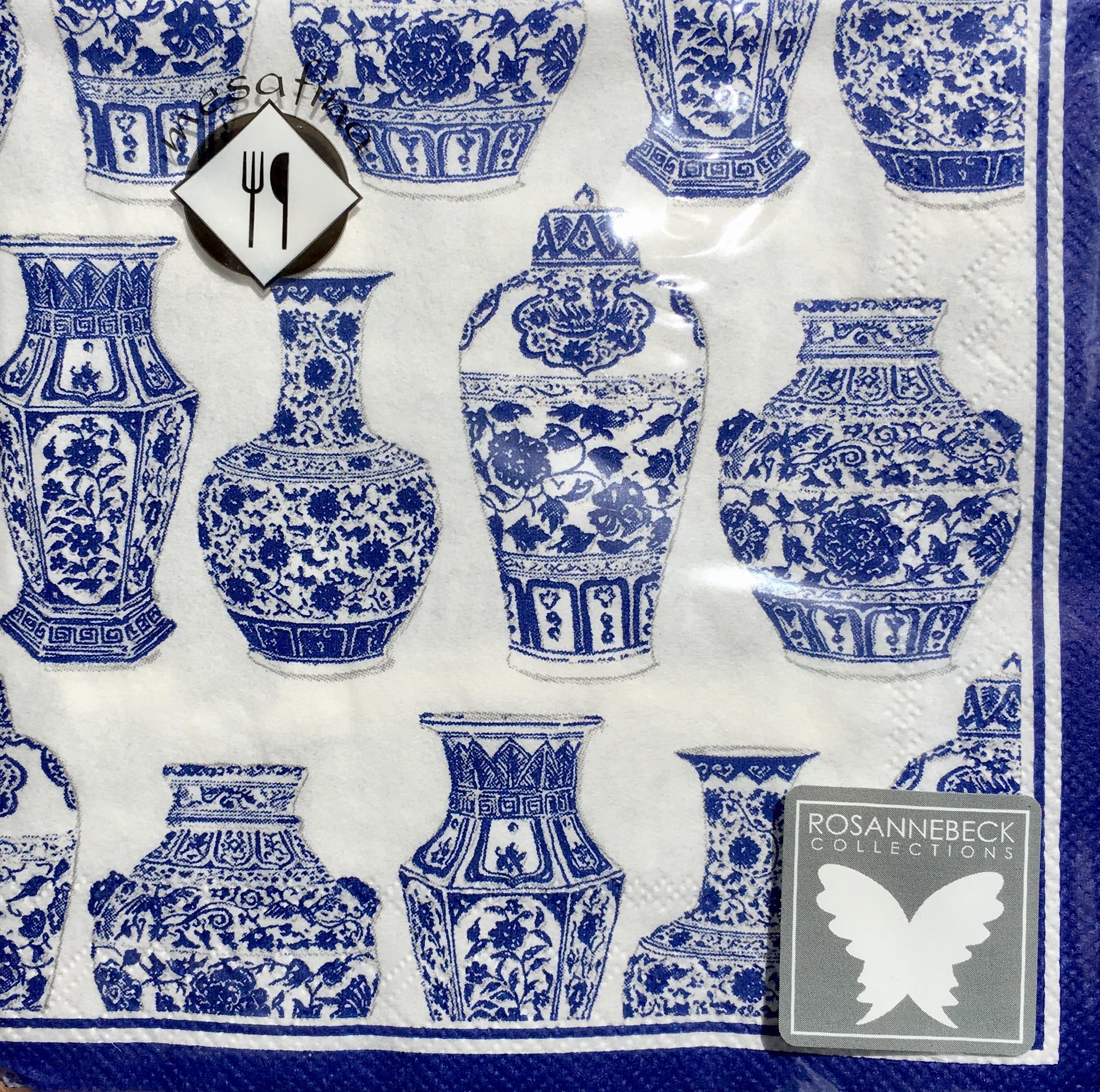 MesaFina Rosanne Beck Cocktail Beverage Paper Napkins, Blue and White Urns, 40 ct