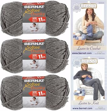 Bernat Softee Chunky Yarn Bundle Super Bulky #6, 3 Skeins True Grey 28044
