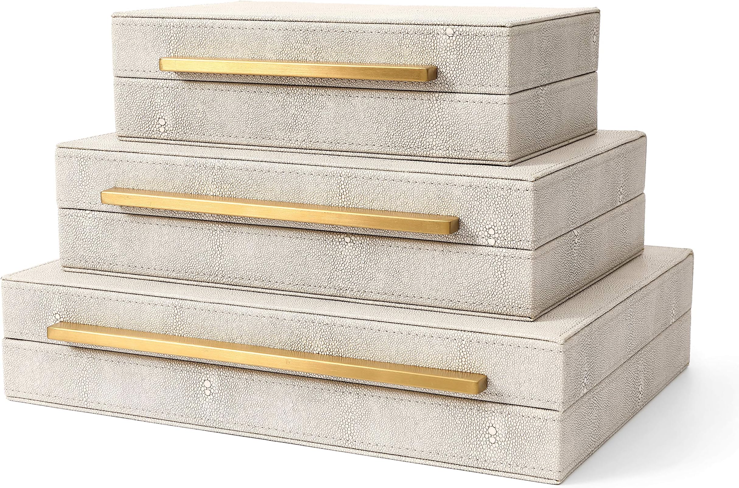 BAALTTO Kingflux Faux Ivory Shagreen Leather Set of 3 Pcs Decorative Boxes, Storage Boxes Jewelry Organizer, Men's Accessory Organizer (Ivory)