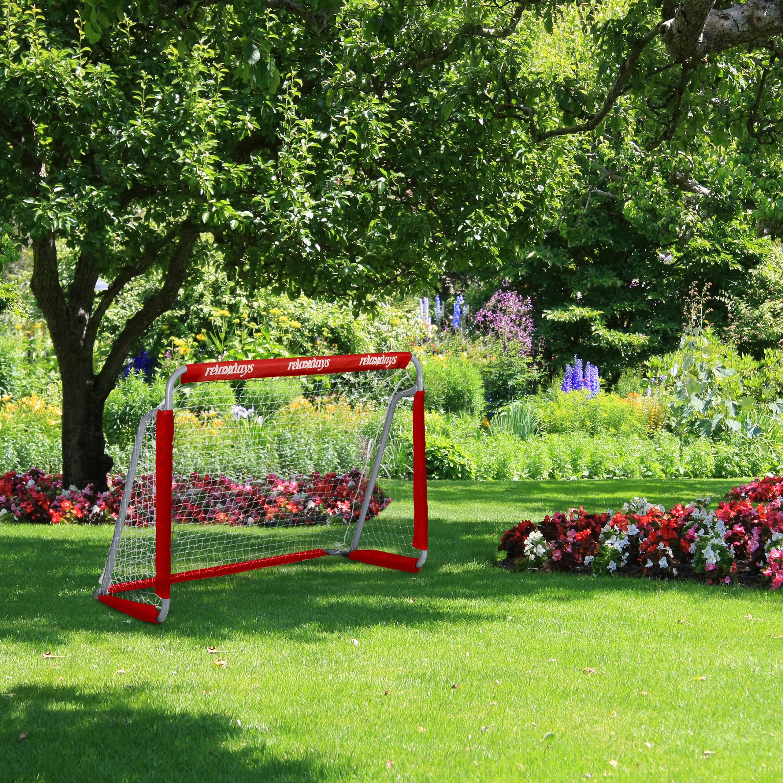Relaxdays Porte da Calcio, Giardino, Set da 2 per Calcetto, Adulti e Bambini, in Metallo, con Rete, 110x150x75 cm, Rosso