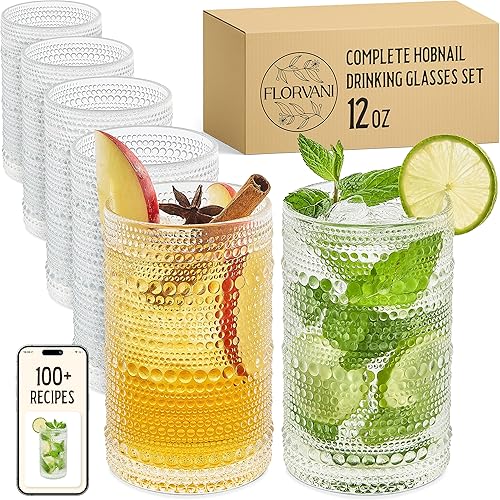 Juego de 6 vasos para beber Hobnail de 12 onzas, juego de cristalería multiusos transparente, vasos decorativos para bar, cocina, cristalería de