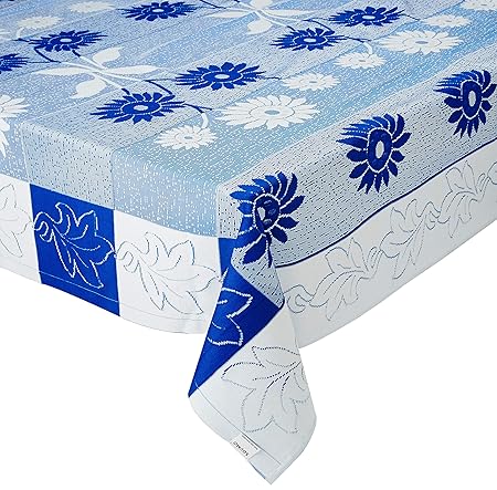 Amazon Brand - Solimo Cotton Blend Floral Rectangular 6 Seater Table Cover for Dining Table (Blue) Pack of 1