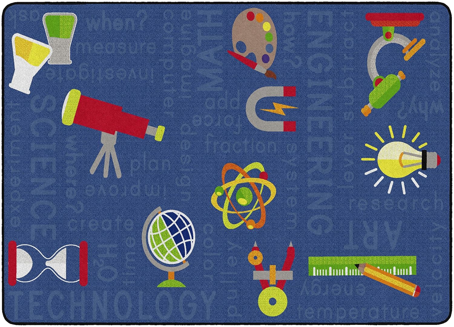 Flagship Carpets STEM Science Educational Area Rug for Children's Classroom or Kids Room, Playroom Carpet or Home Learning Mat, 6' x 8'4", Blue