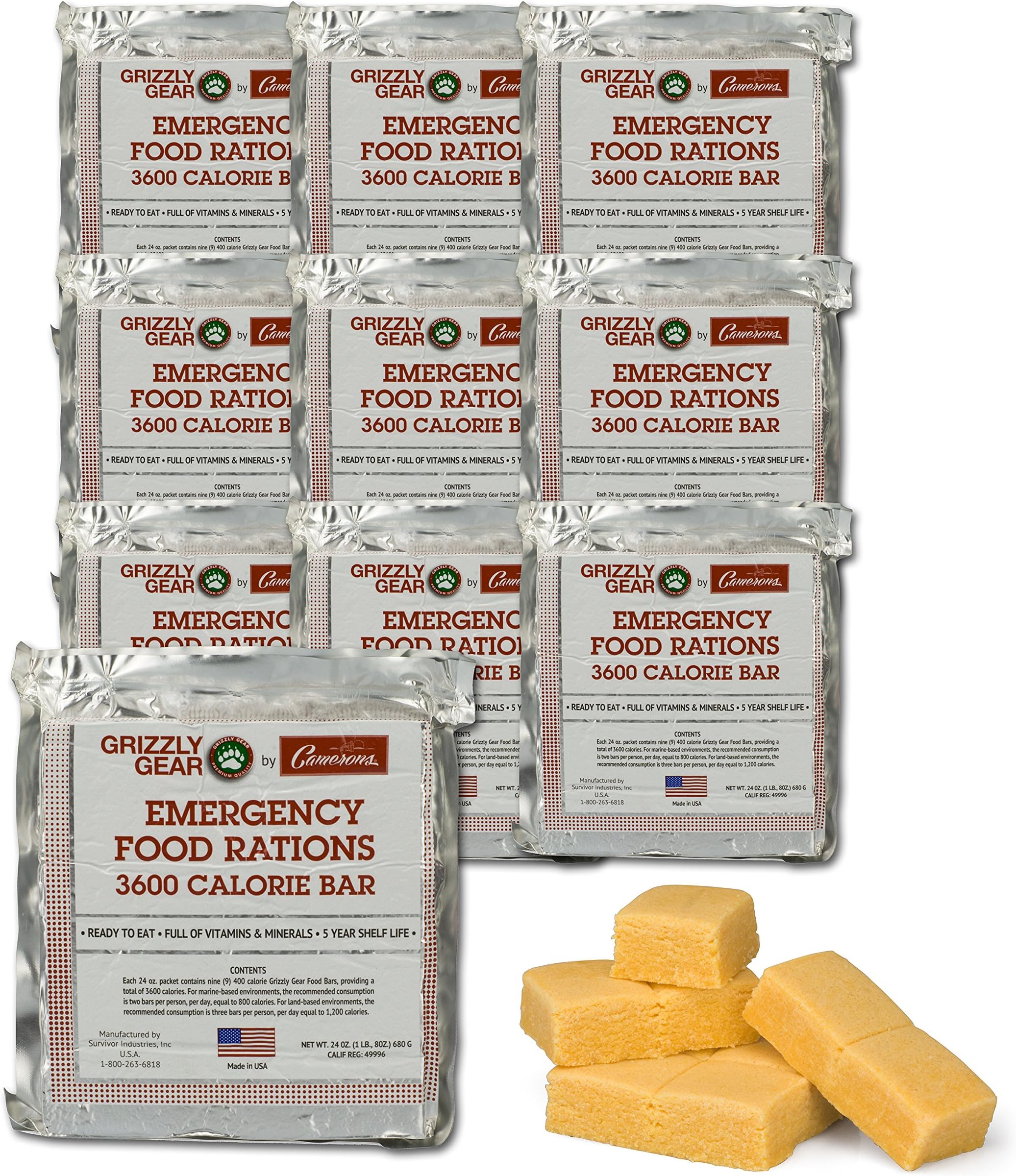 Emergency Food Rations Case of 10-3600 Calorie Bars - 30 Day Supply- Less Sugar and More Nutrients Than Other Leading Brands- (5 Shelf Life)
