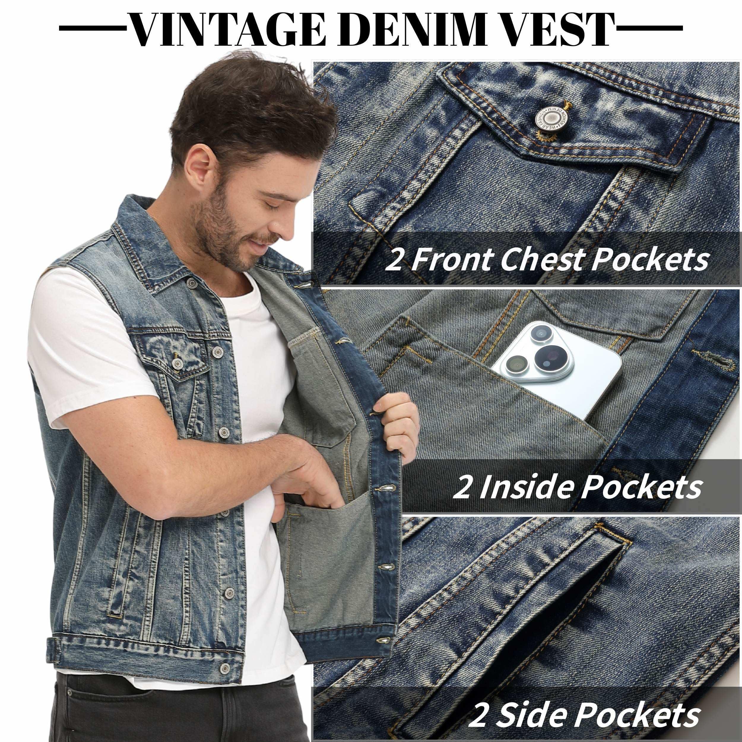 Chaleco Vaquera para Hombre Vintage Chaleco de Jeans Sin Mangas Lavado Chaqueta Clásico Moto Chalecos avec 2 bolsillos internes
