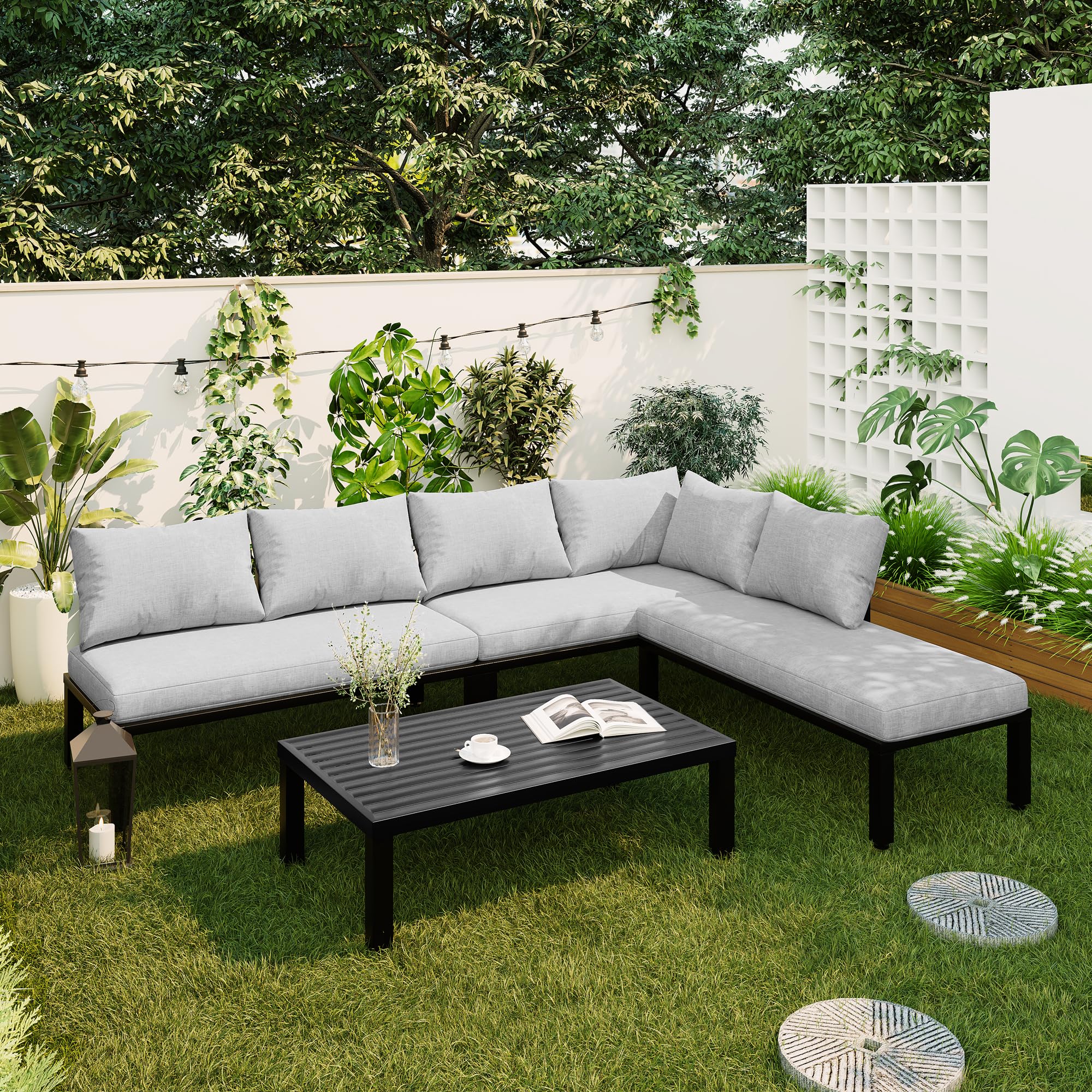 Juego de Muebles de Jardín para 6-7 Personas, Conjunto Jardin Exterior con Respaldo Desmontable, Juego de Salón de Jardín con 3 Sofás de 2 Plazas y 1 Mesa, Sofá Cama Convertible, Gris A