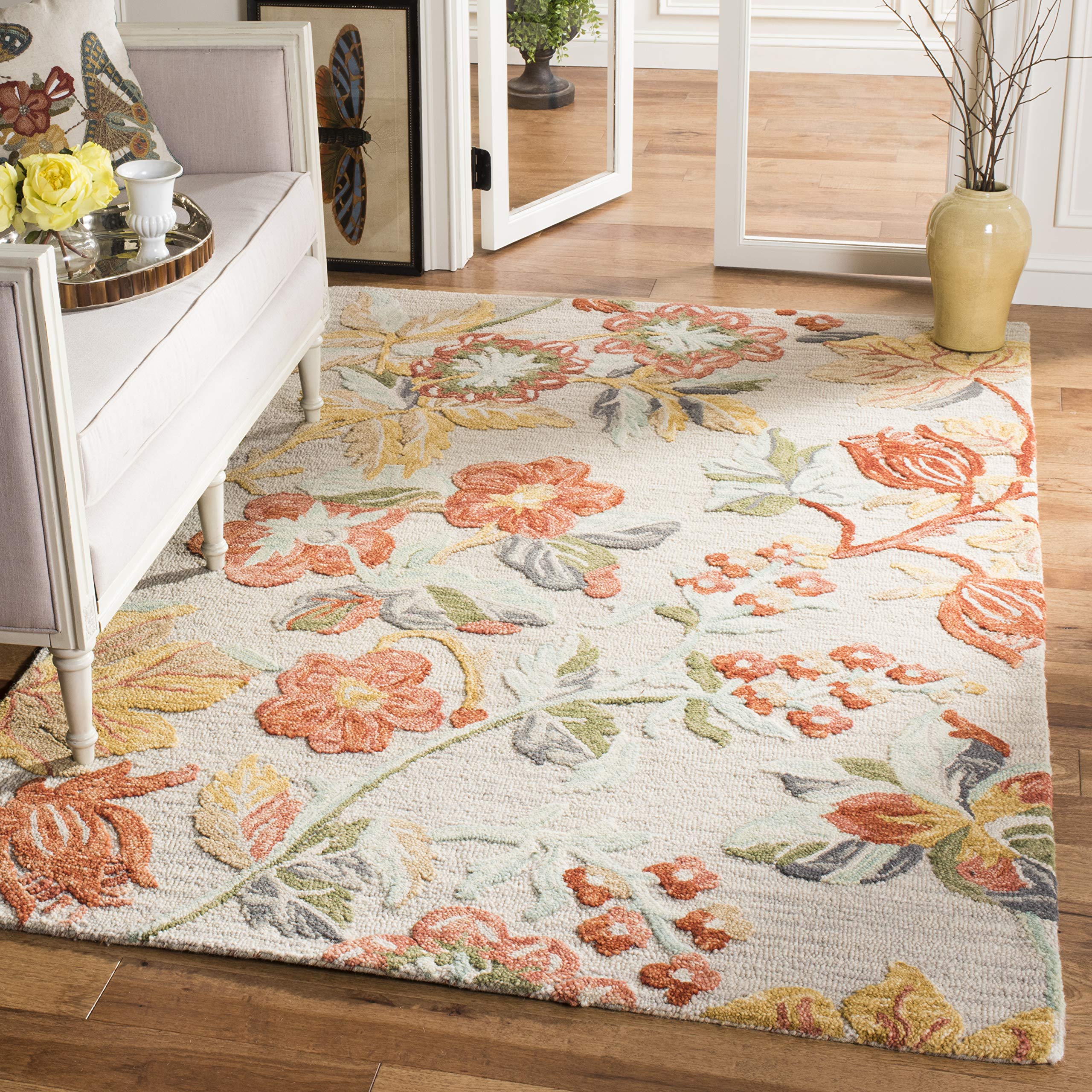SAFAVIEH Blossom Collection 6' x 9' Grey / Red BLM458F Handmade Floral Premium Wool Area Rug