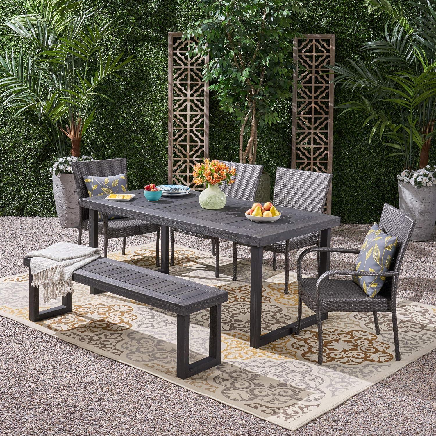 Great Deal Furniture GDFStudio Outdoor 6-Seater Aluminum Dining Set with Wicker Chairs and Bench, Sandblast Dark Gray