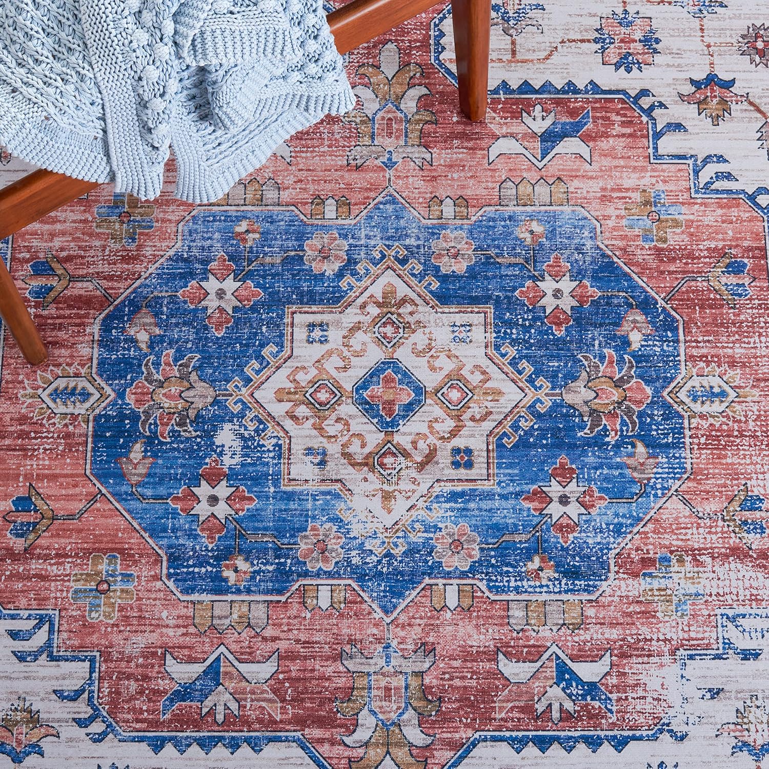 SAFAVIEH Washable Rug Tucson Collection - 2'6' x 8' Runner, Beige & Blue, Slip Resistant & Easy to Clean, Ideal for Hallway, Foyer, Entryway, Bedroom (TSN181B)