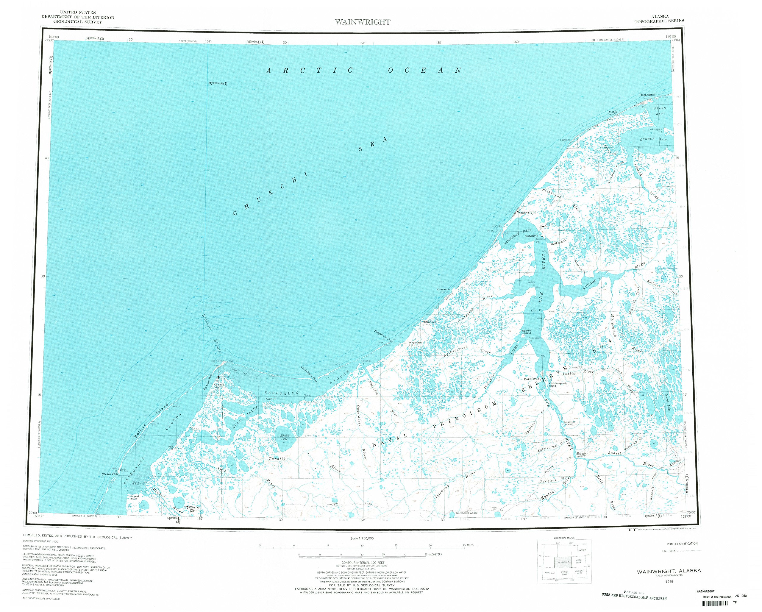 YellowMaps Wainwright AK topo map, 1:250000 Scale, 1 X 4 Degree, Historical, 1955, Updated 1972, 22.7 x 28.3 in - Polypropylene