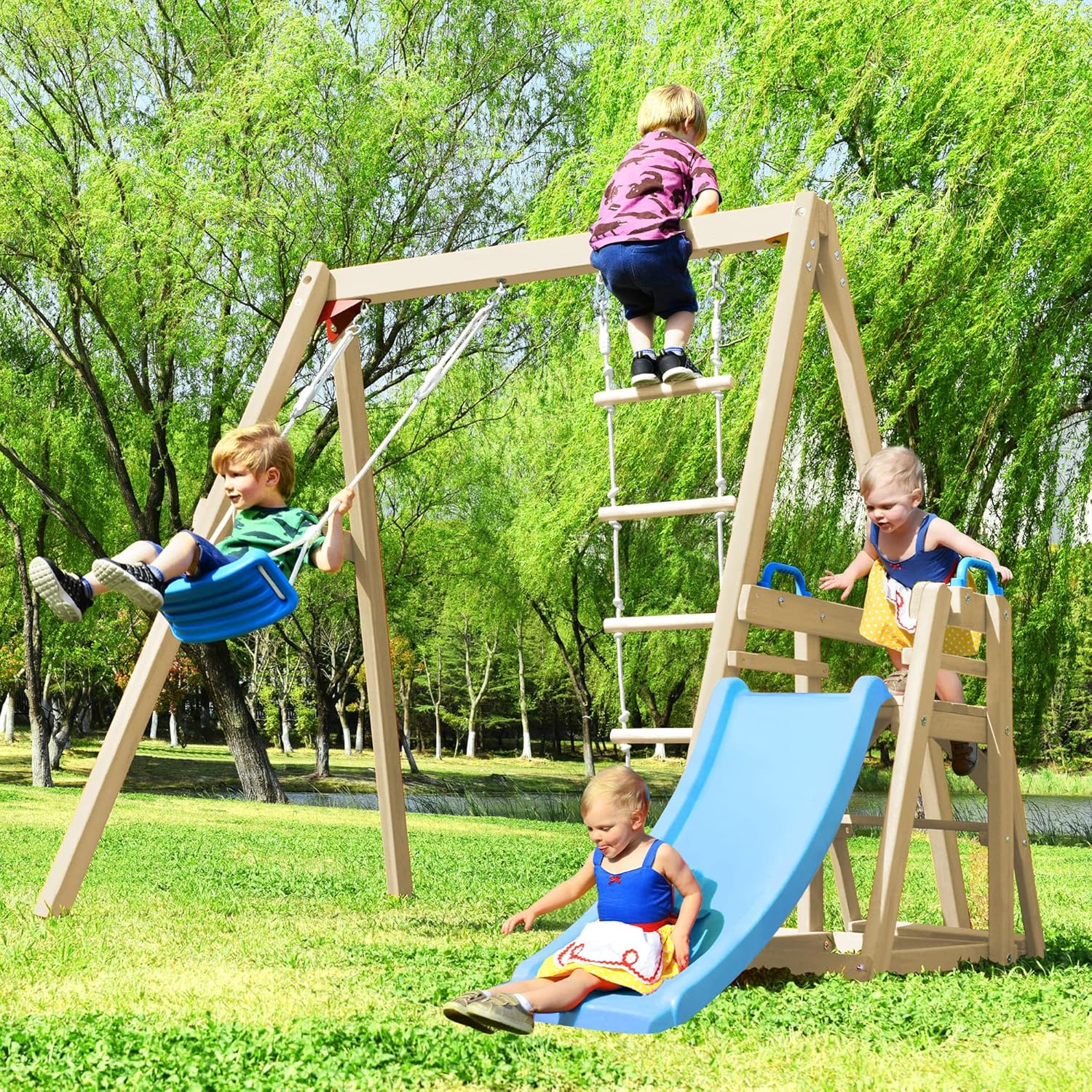 4 in 1 Wood Swing Sets with Slide,Outdoor Playset for
