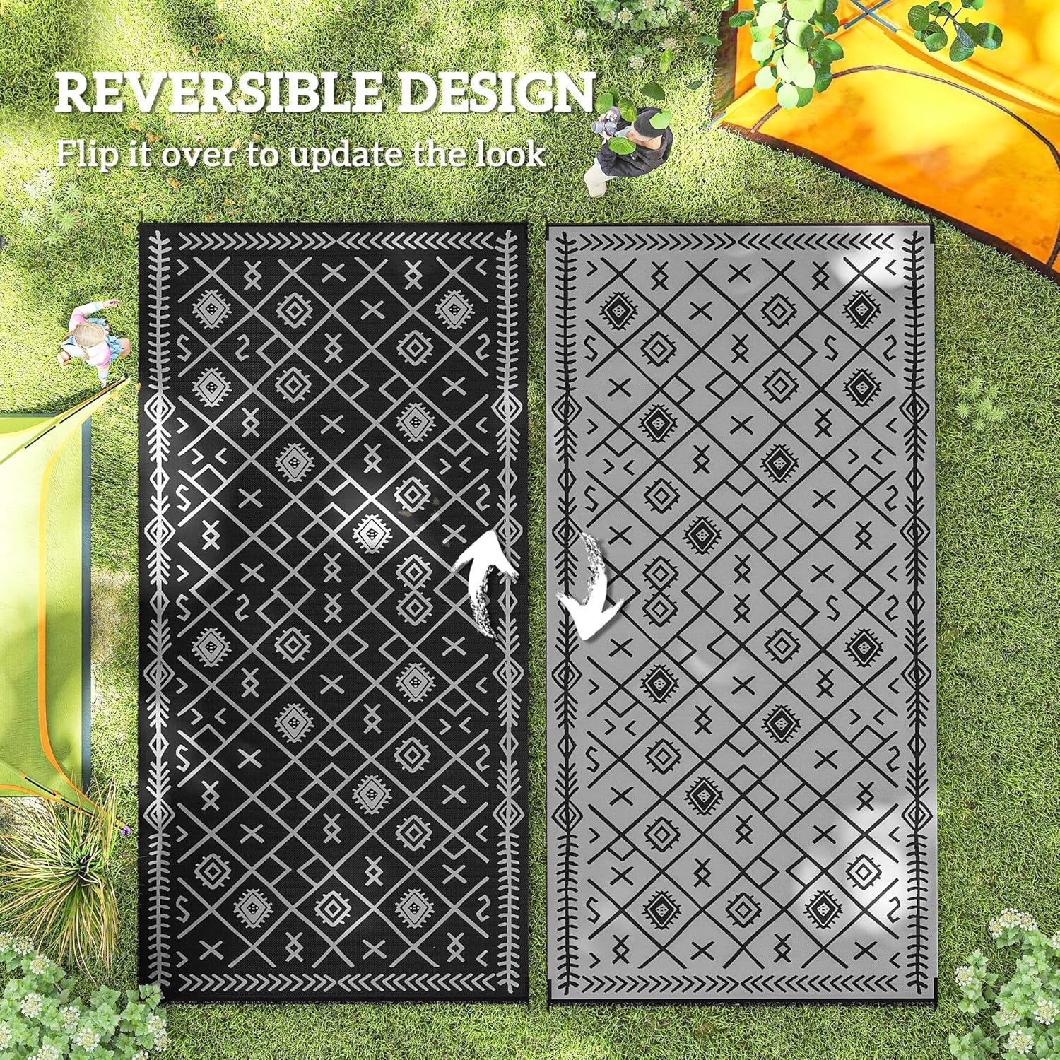Outsunny Reversible Outdoor Rug, 9' x 18' Waterproof Plastic Straw Floor Mat, Portable RV Camping Carpet, Large Floor Mat for Backyard, Deck, Picnic, Beach, Black & Gray Rhombus