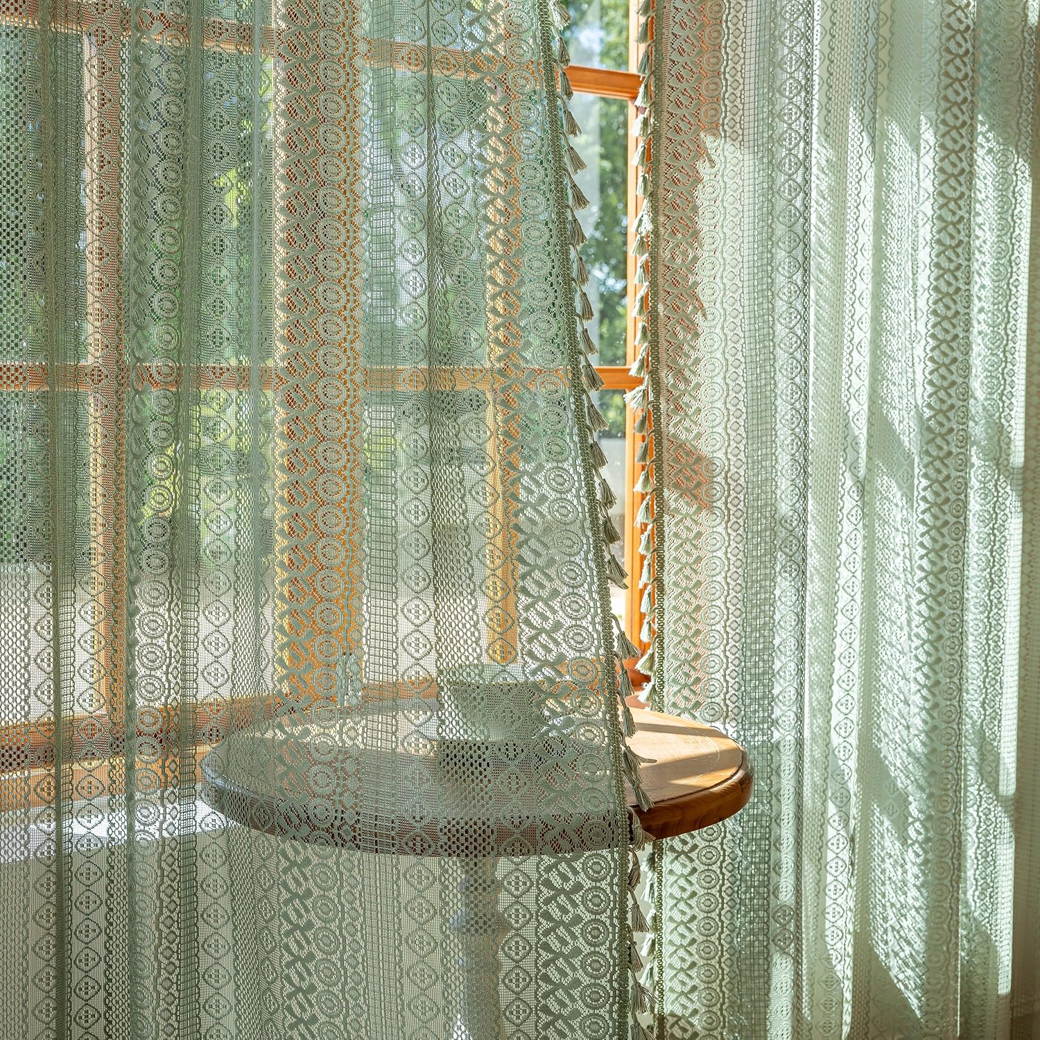 Sutuo Home Sage Green Boho Sheer Window Curtains 72 Inch Long 2 Panels
