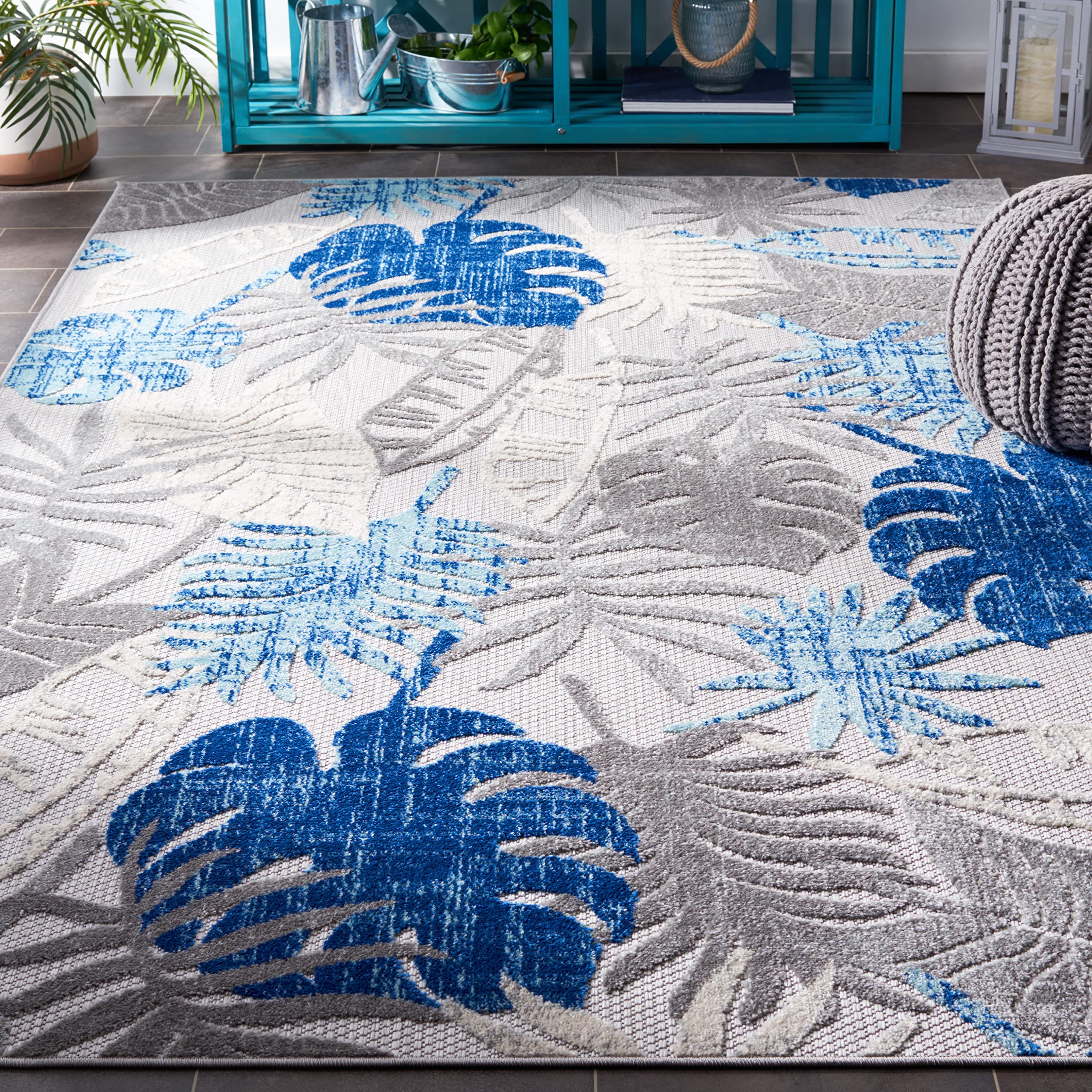 SAFAVIEH Washable Rug Outdoor Cabana Collection - 5'3" x 7'6", Grey & Blue, Non-Shedding & Easy to Clean, Ideal for Patio, Backyard, Mudroom (CBN831F)