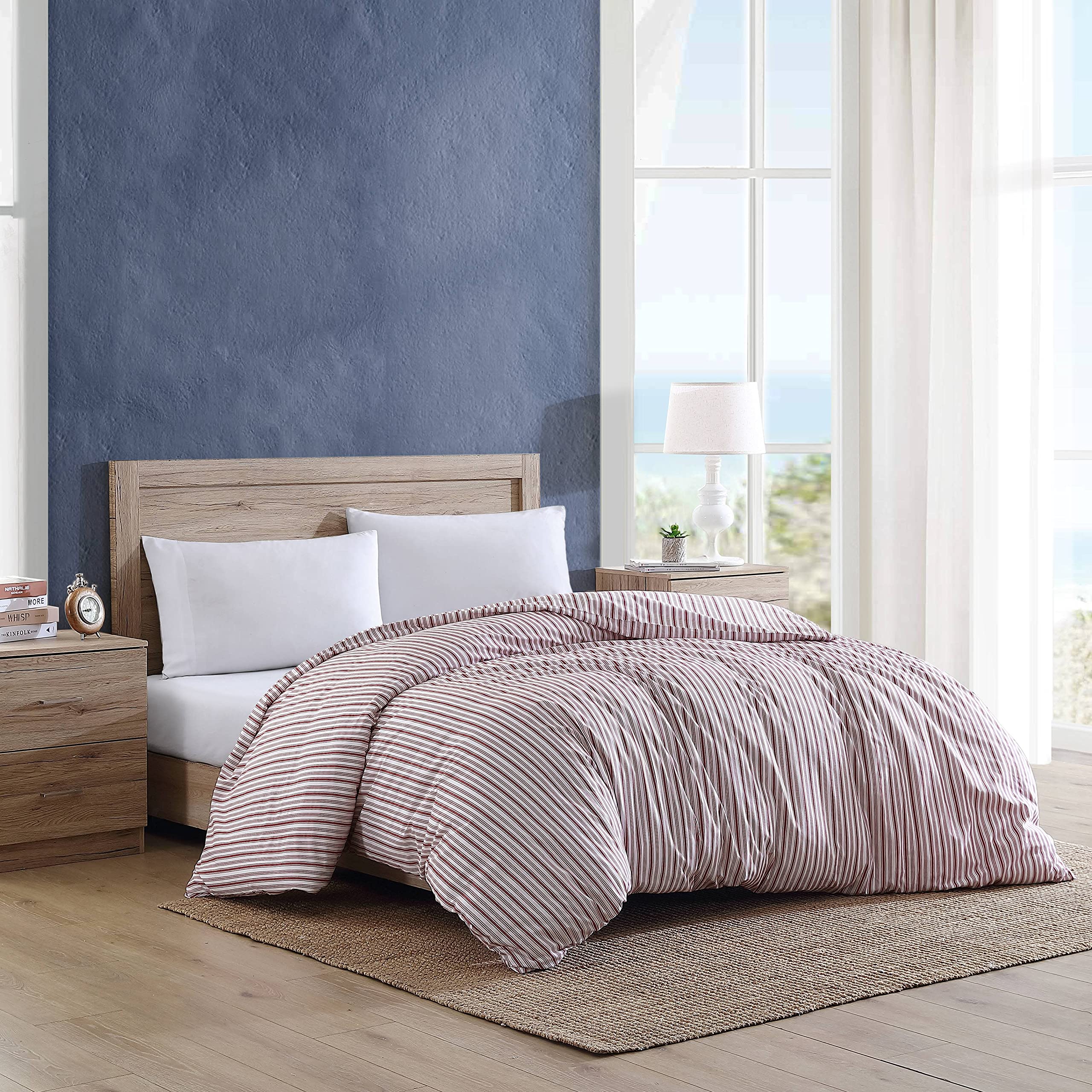 Nautica - Funda de edredón tamaño Queen, Ropa de Cama Reversible de algodón con Cierre de botón, decoración Casual del hogar para Todas Las Estaciones (Coleridge Stripe Red, Queen)