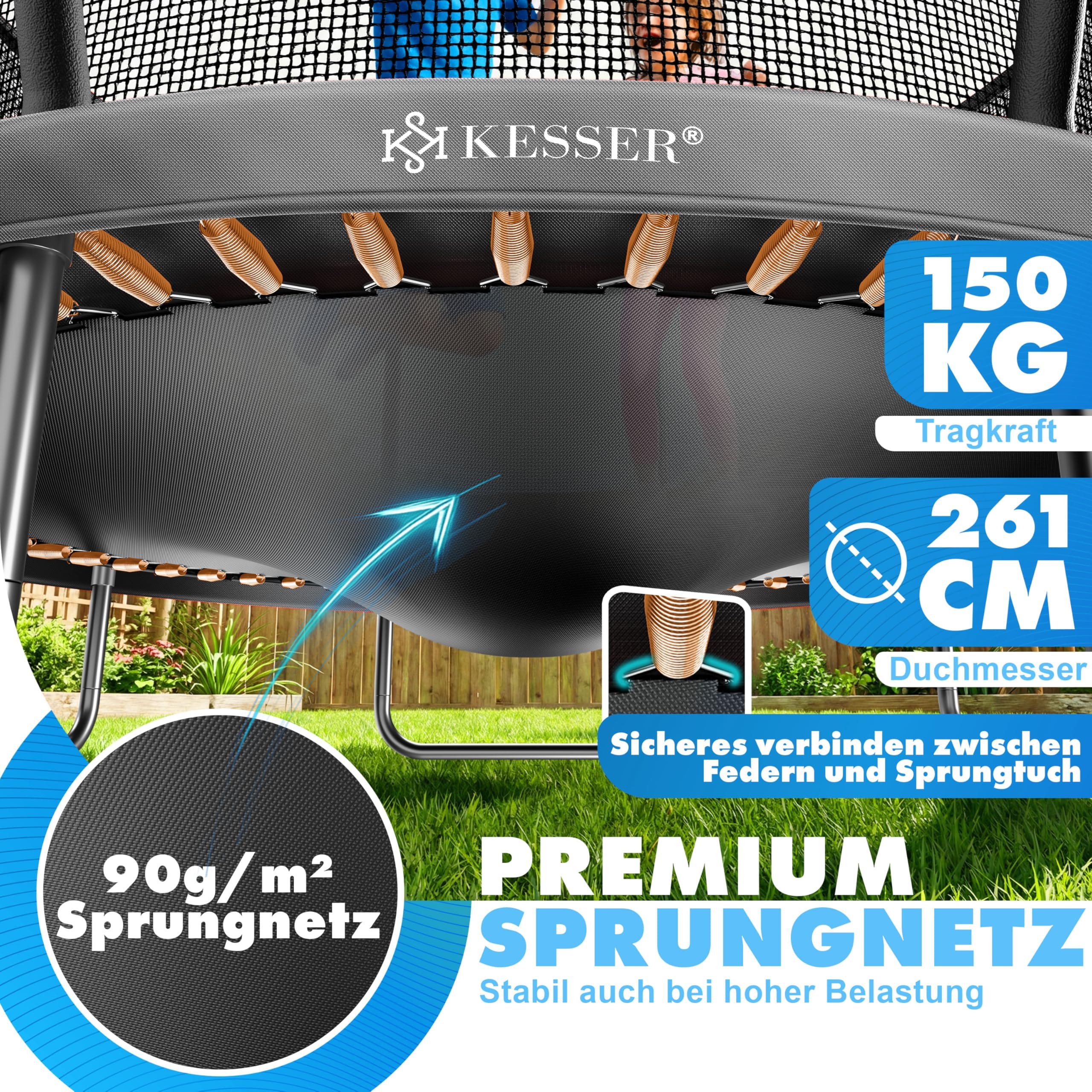 KESSER® Trampolino esterno Ø 244/305/366/427 cm, certificato GS trampolino da giardino per bambini e adulti < 150 kg con rete di sicurezza, inclusa borsa, scala, copertura del bordo e aste in rete