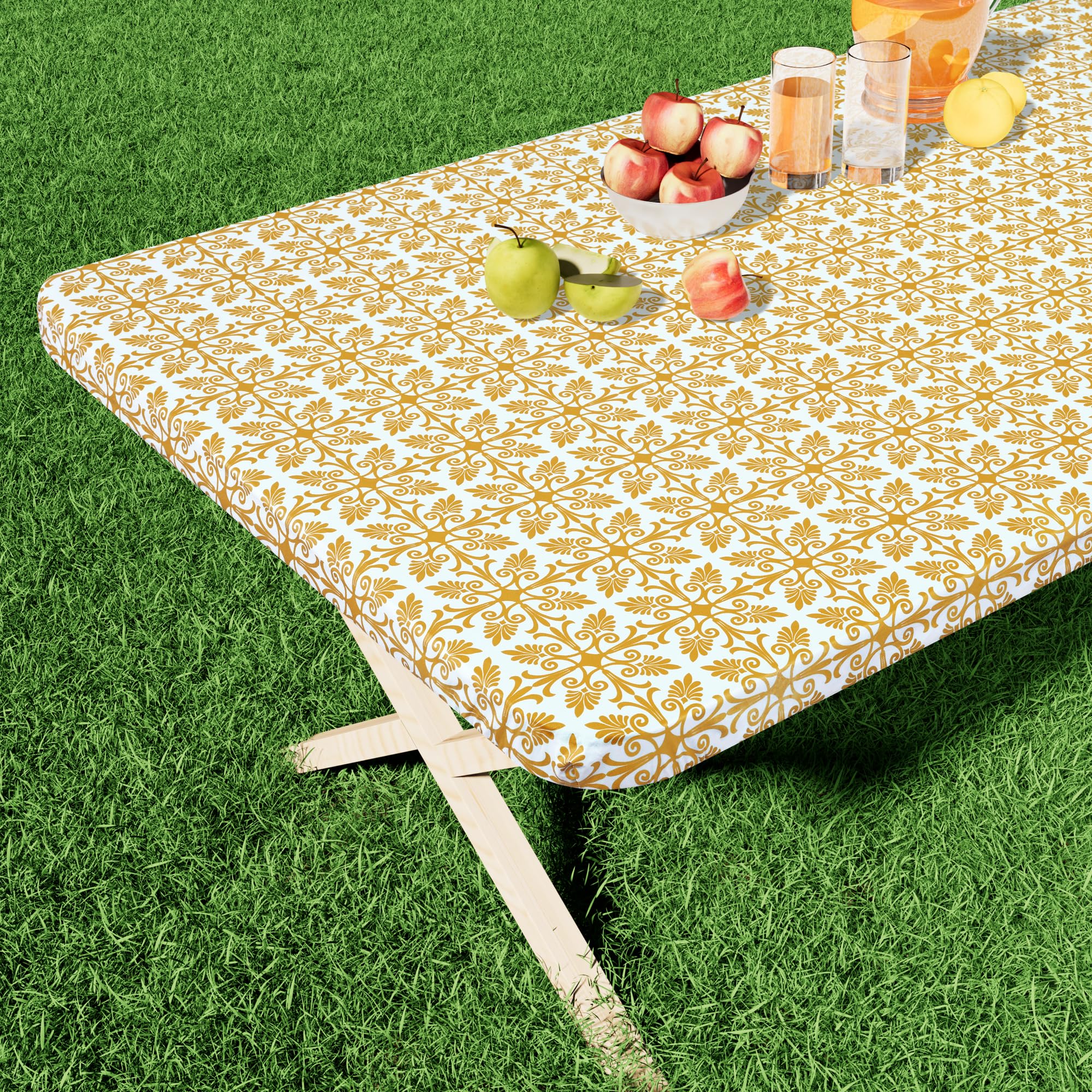 misaya Rectangle Vinyl Table Cloth, Elastic Fitted Flannel Backed Tablecloth, 100% Waterproof Plastic Table Cover Fits Folding Tables for Picnic,
