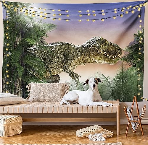 Miniatura 8 de Ambesonne Tapiz jurásico, dinosaurio en la selva, bosque, naturaleza, bosque, violencia depredadora aterradora, colgante de pared ancho para