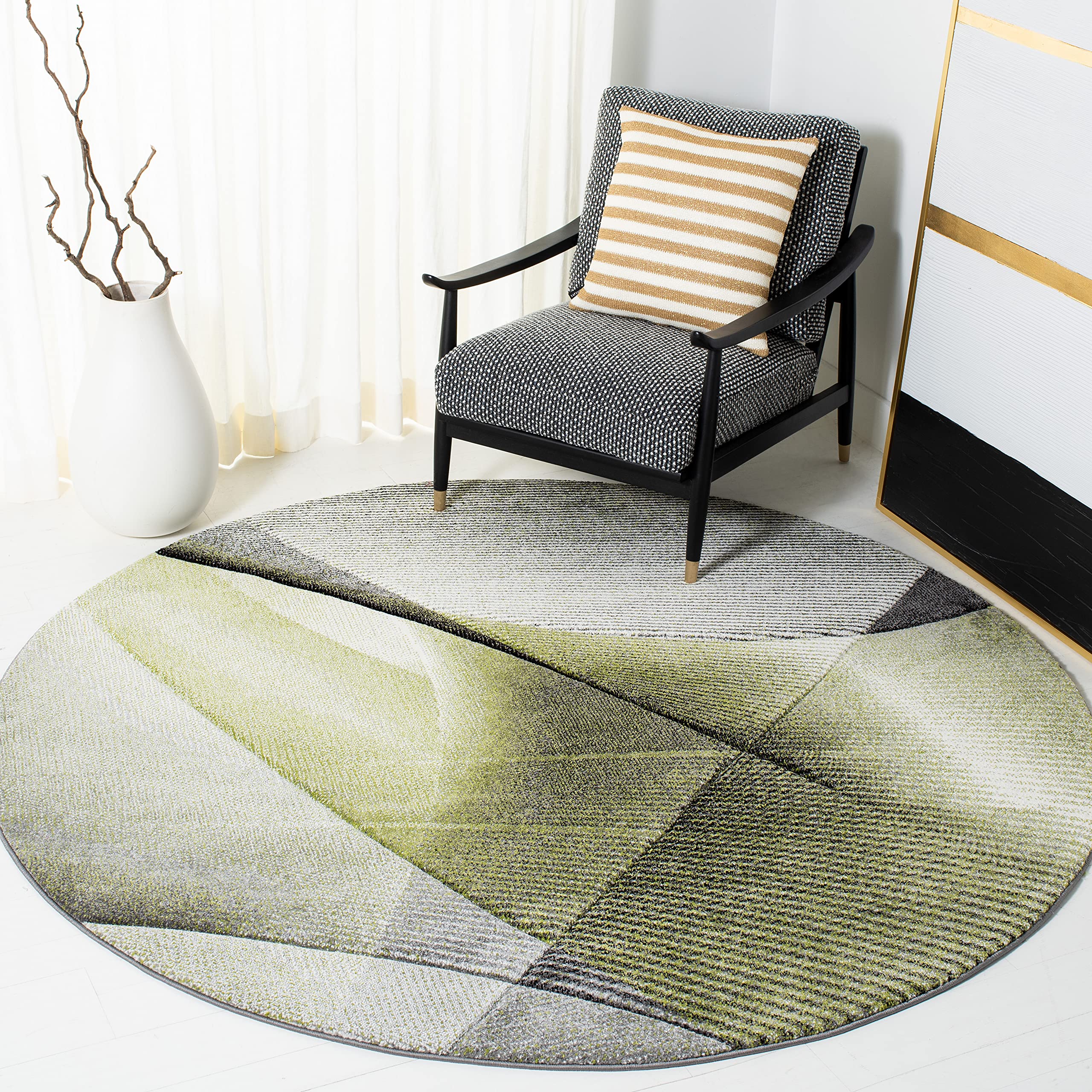 SAFAVIEH Hollywood Collection 6'7" Round Grey / Green HLW715Y Mid-Century Modern Non-Shedding Dining Room Entryway Foyer Living Room Bedroom Area Rug