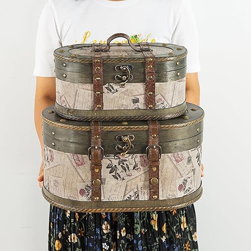 Miniatura 3 de SLPR Alyssa - Juego de 2 cajas de almacenamiento de madera antigua con tapas con bisagras, baúl decorativo de madera antigua, baúl de memoria para