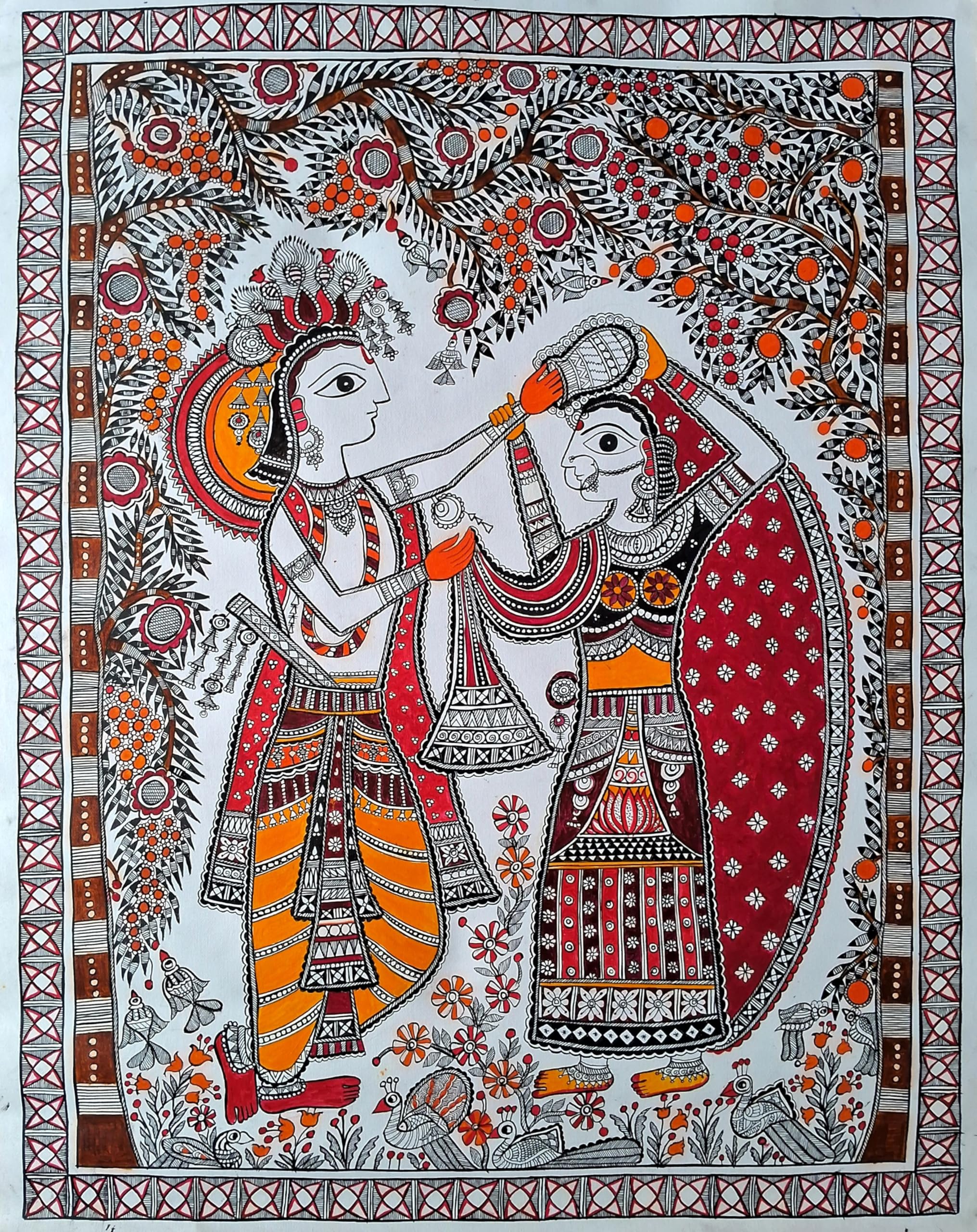 Radha Krishna | Authentic Madhubani Art for Home Decor | Vibrant Wall Hanging | Madhubani Art | Handmade with Nib and Brush | Authentic Madhubani Art | Handmade | Handmade Sheet | Mithila Kriti | Mithila | Madhubani | Folk Art