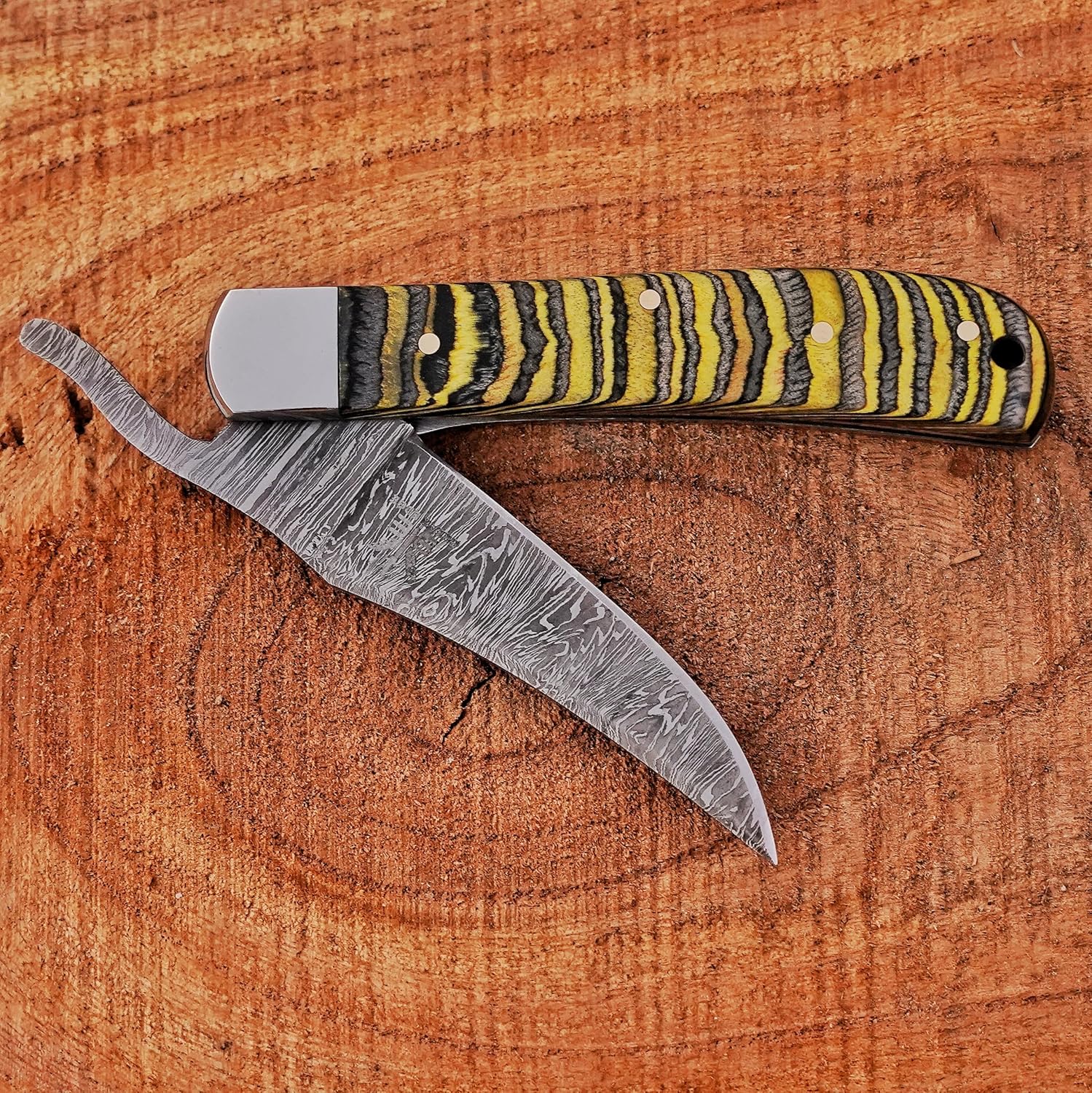 Handmade Damascus Steel Russlock Folding Knife with Yellow Striped Handle and Leather Sheath