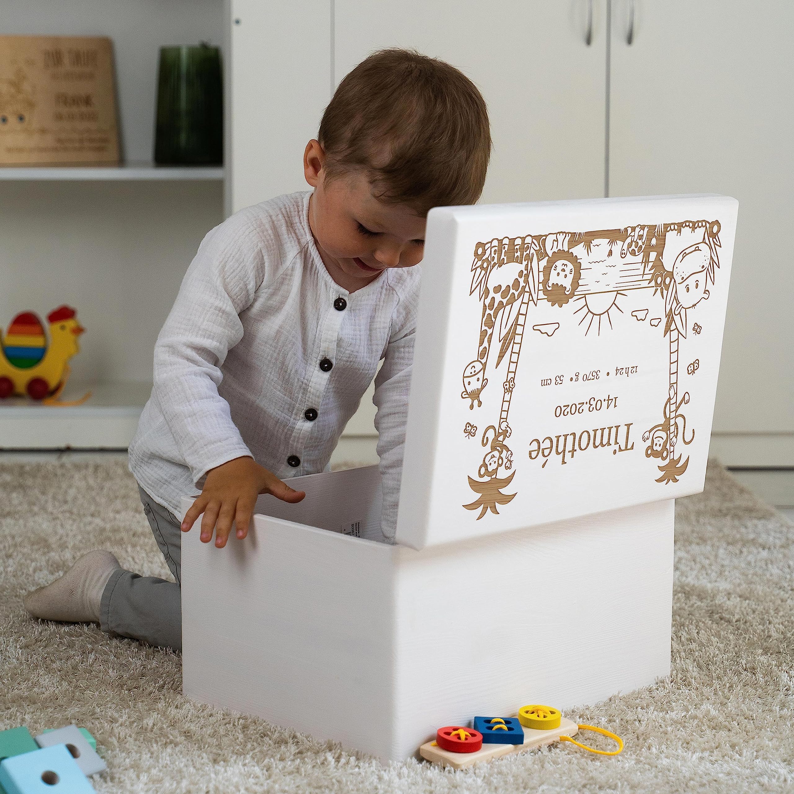 LAUBLUST Boîte à souvenir bébé - Jungle - Cadeau naissance personnalisable | Taille XL, env. 40x30x24cm, Blanc - Boîte décorative en bois avec couvercle, FSC®
