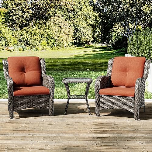 Joyside Juego de sillas de mimbre para patio, juego de 3 piezas de mimbre para exteriores con 2 sillas reposabrazos y 1 mesa auxiliar para terraza,