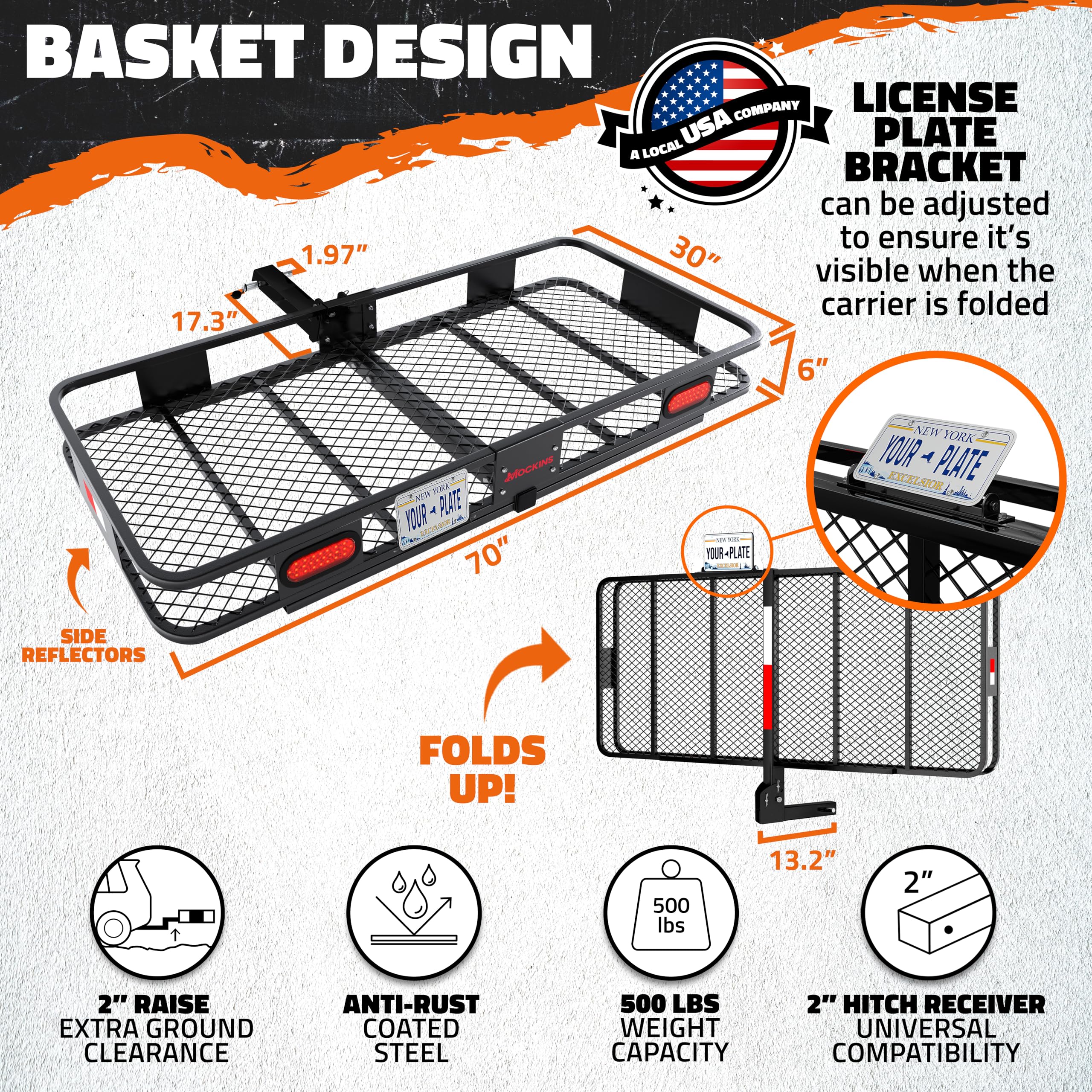 Mockins 70x30x6 XXL Folding Trailer Hitch Cargo Carrier w Rear Lights Plate Bracket 40 CuFt Waterproof Cargo Bag — view 3