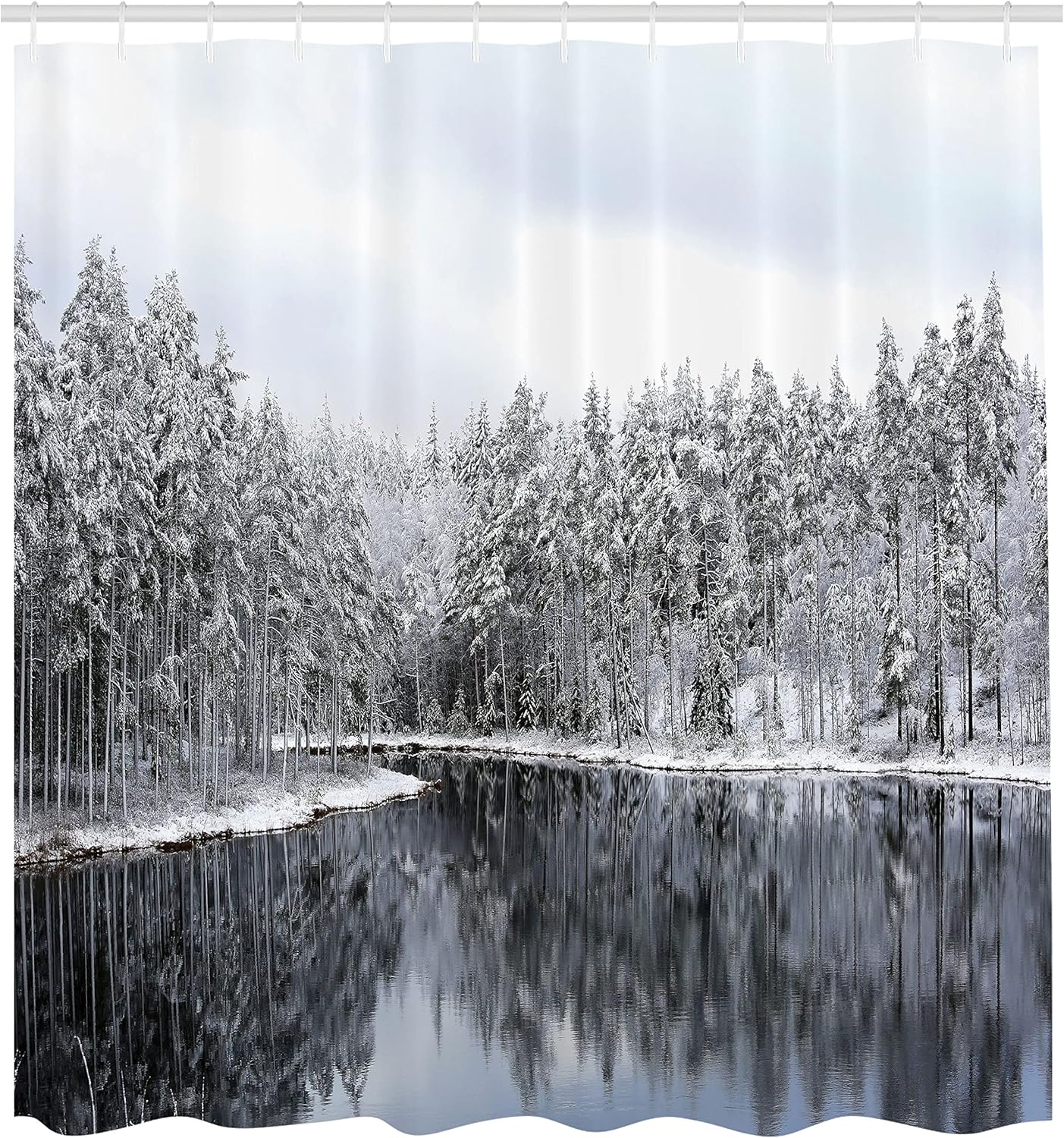 Ambesonne Woodland Shower Curtain, Lake Surrounded by Snow Covered Trees on a Cold Winter Day in Finland Reflections, Cloth Fabric Bathroom Decor Set with Hooks, 69" W x 70" L, White Brown