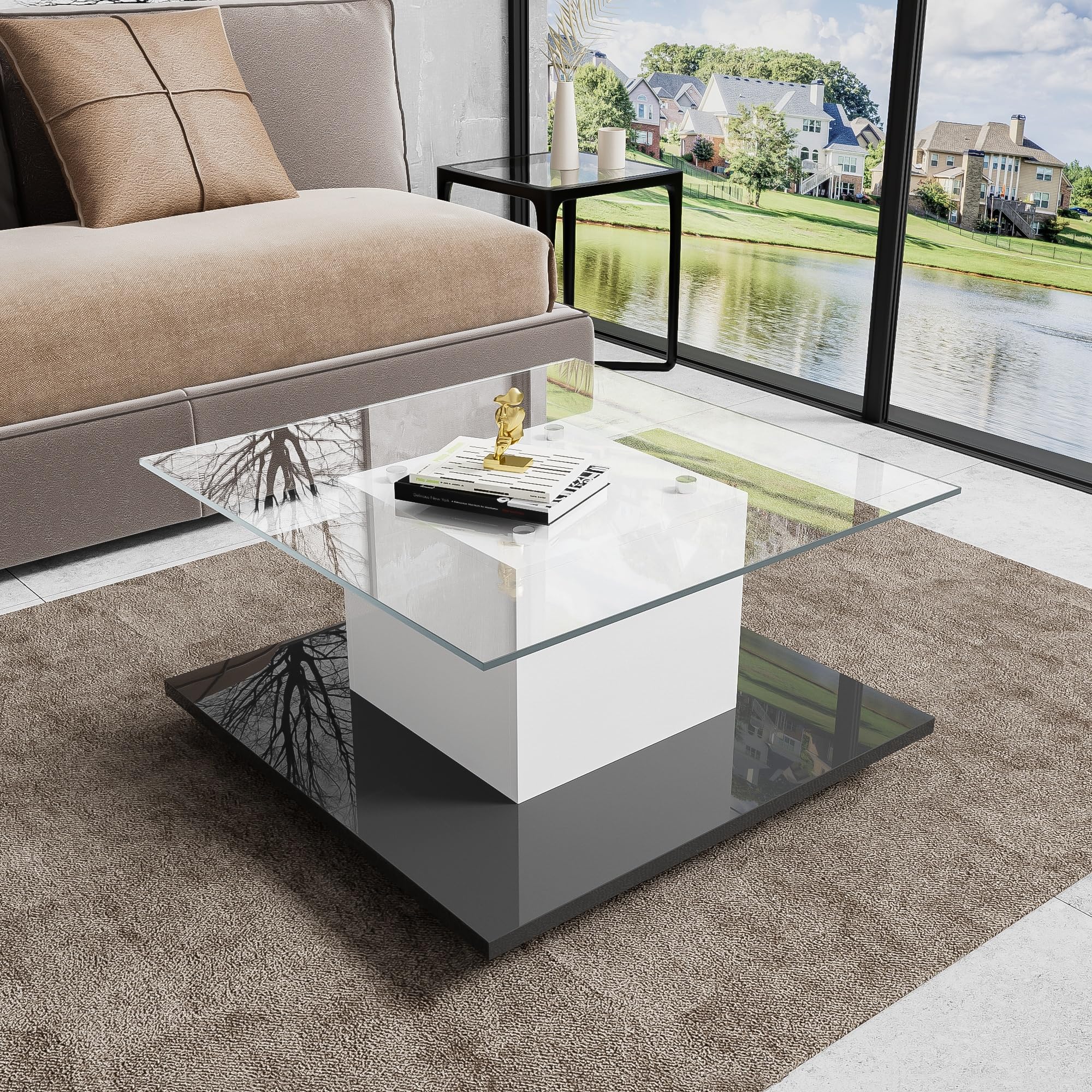 Couchtisch Hochglanz Glas Wohnzimmertisch Modern mit Rollen Beweglicher Kaffeetisch Beistelltisch für Wohnzimmer Lounge Design Teetisch Sofatisch Pflegeleicht Rechteckig Großer Tisch Grau