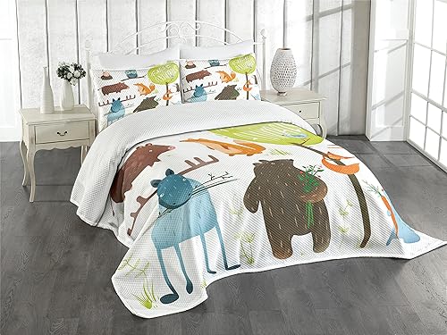 Lunarable Colcha de bosque, estilo de dibujos animados, animales como oso, ciervo, zorro, búho, cerdo, ratón, ardilla y conejo, juego de colcha